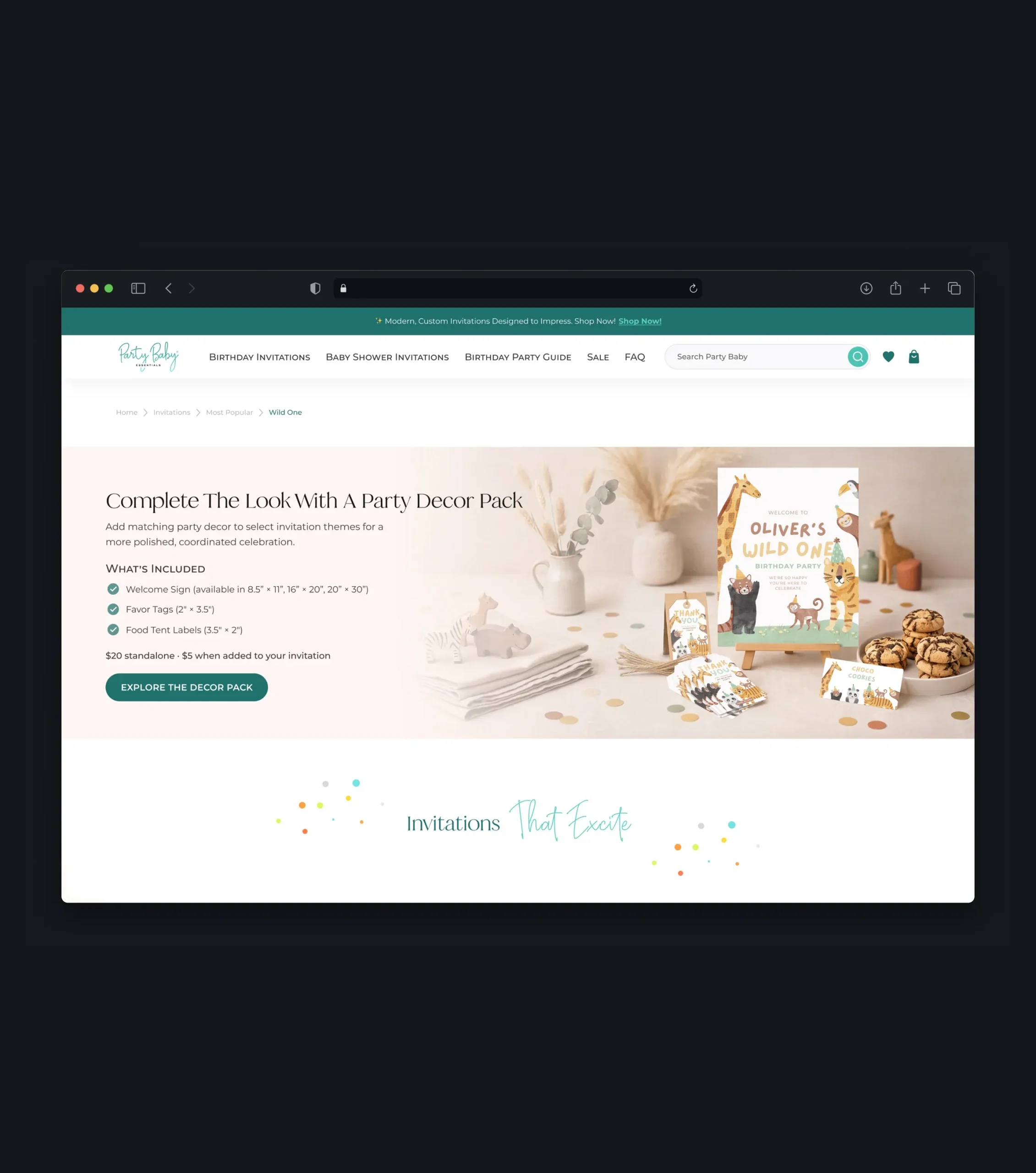 Product page promoting a coordinated party decor pack for a Wild One celebration