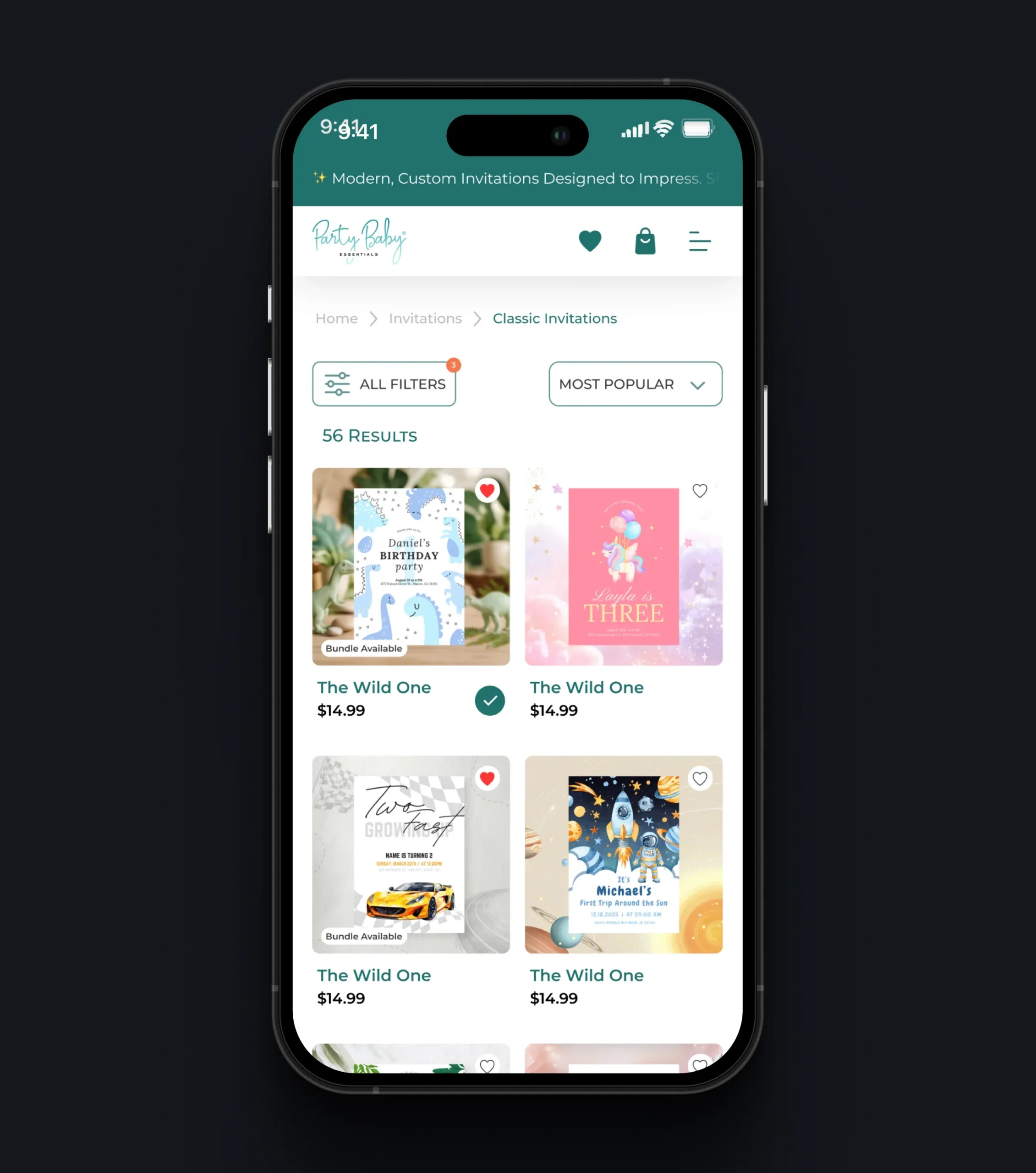 Mobile invitation catalogue with filters and birthday invitation products