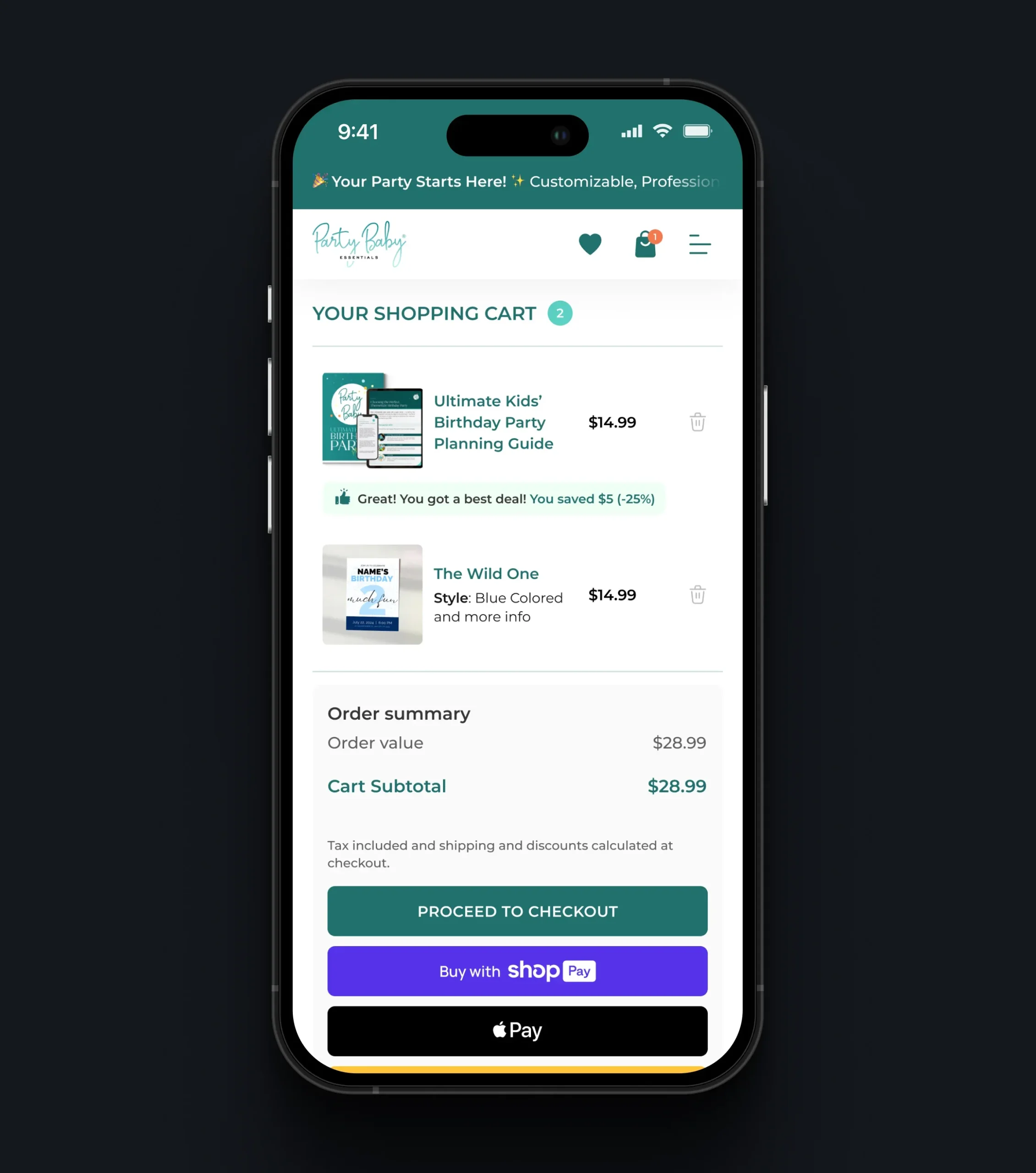 Mobile shopping cart with digital party products and checkout options