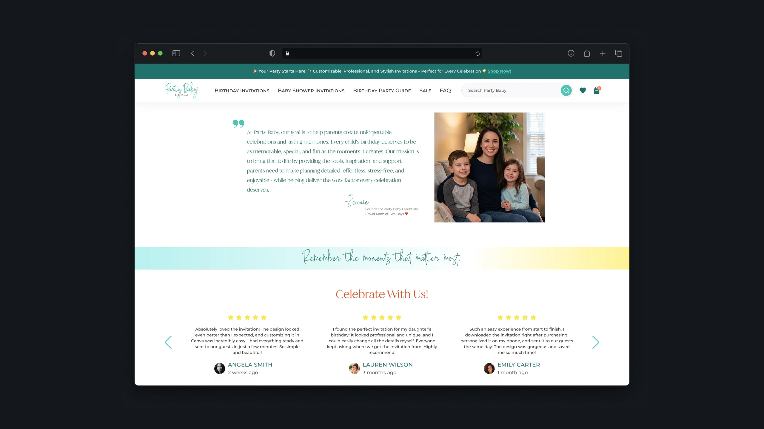 About page with founder message, family photo, and customer testimonials