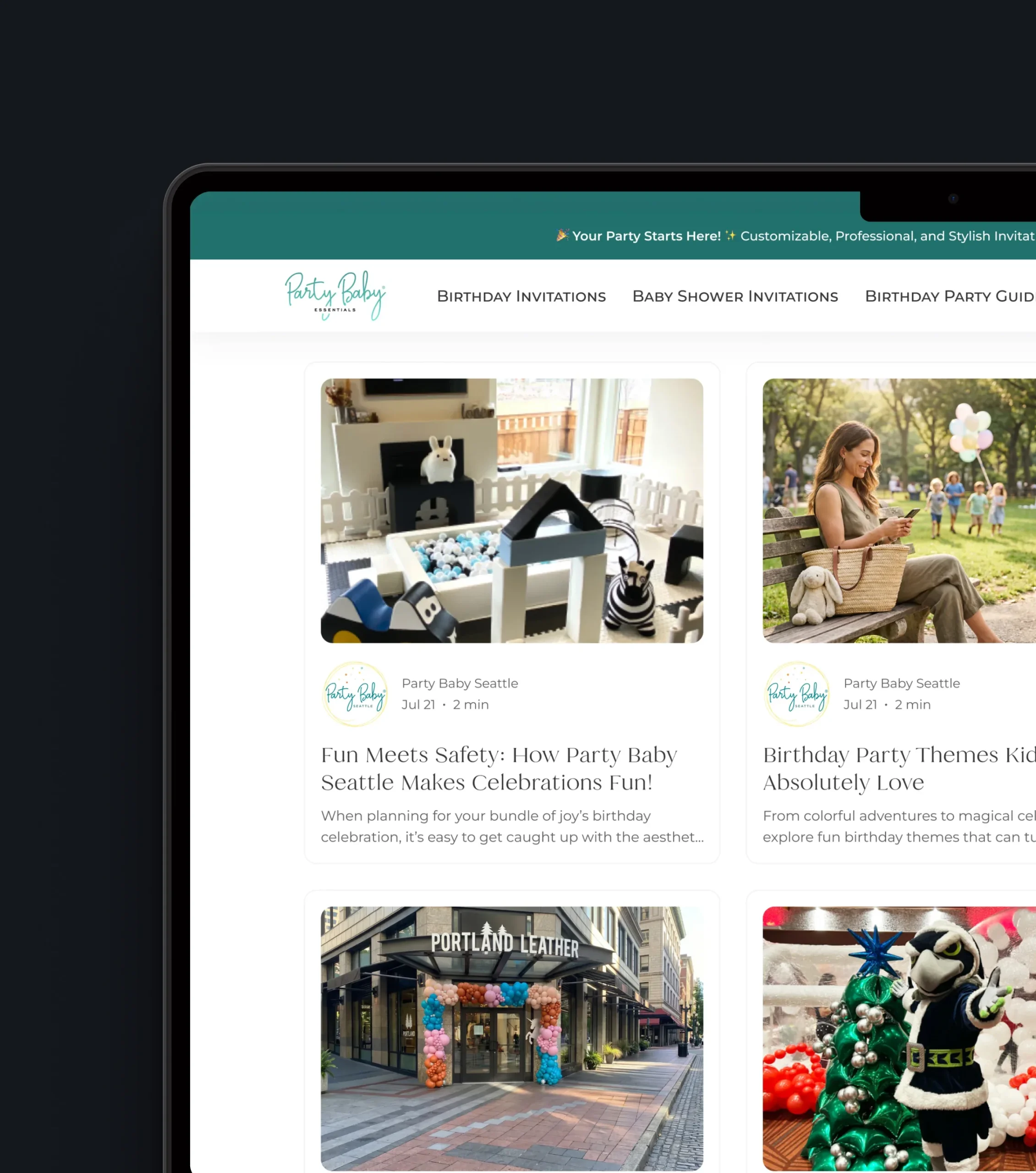 Website blog listing with family celebration and party planning articles