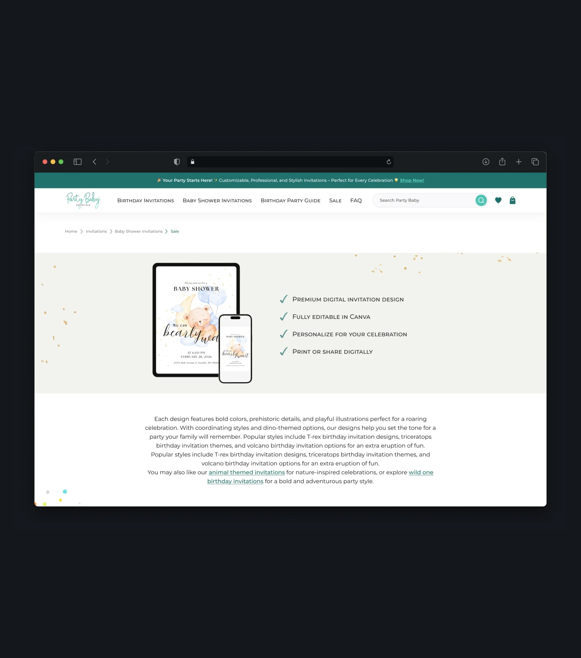 Baby shower invitation page highlighting editable Canva designs and digital sharing