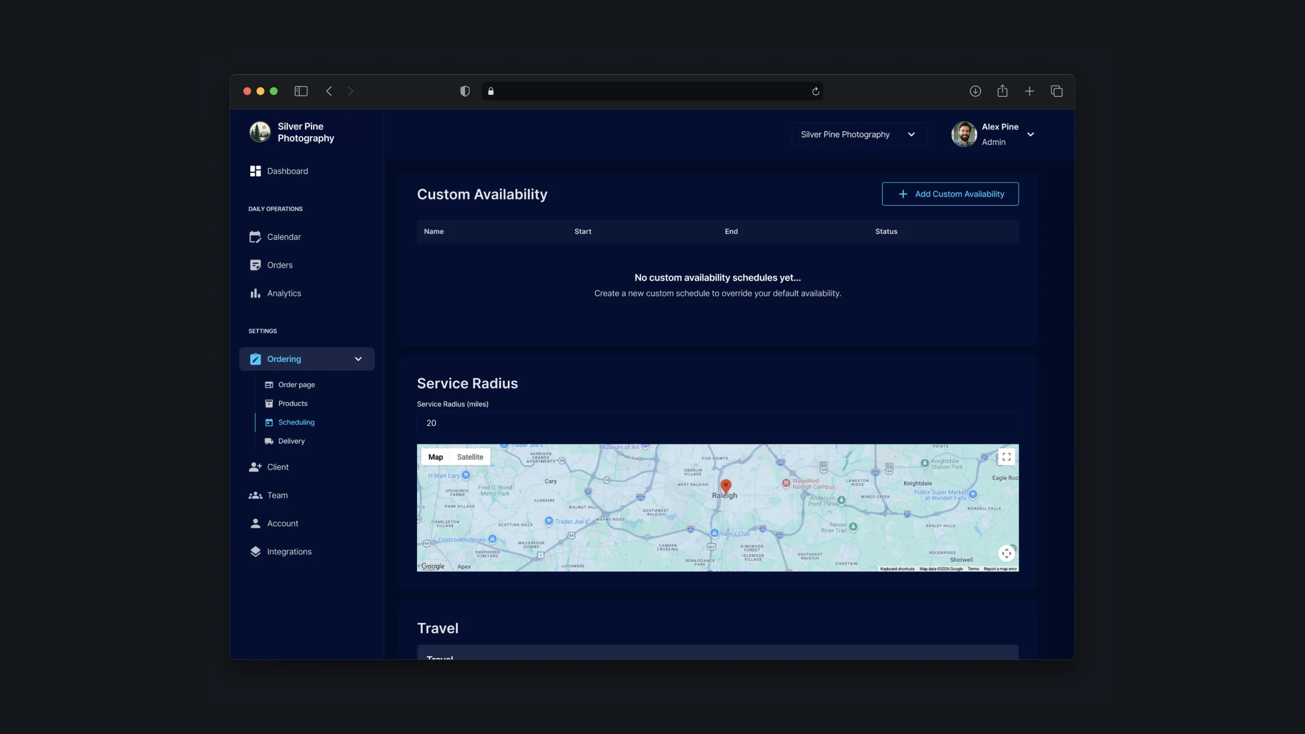 Scheduling settings for team availability, service areas, and booking rules