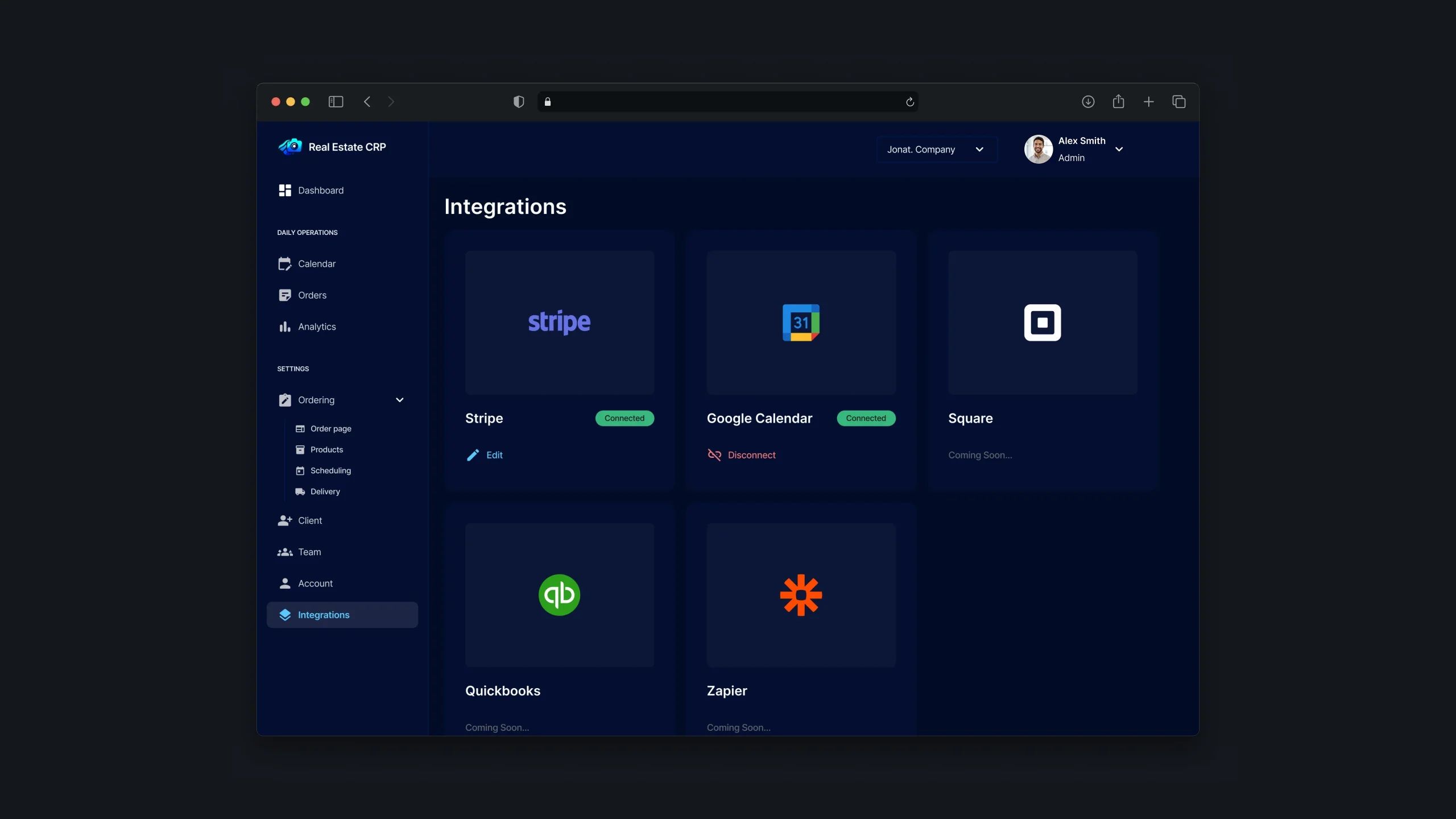 Integrations settings for connected business tools and services