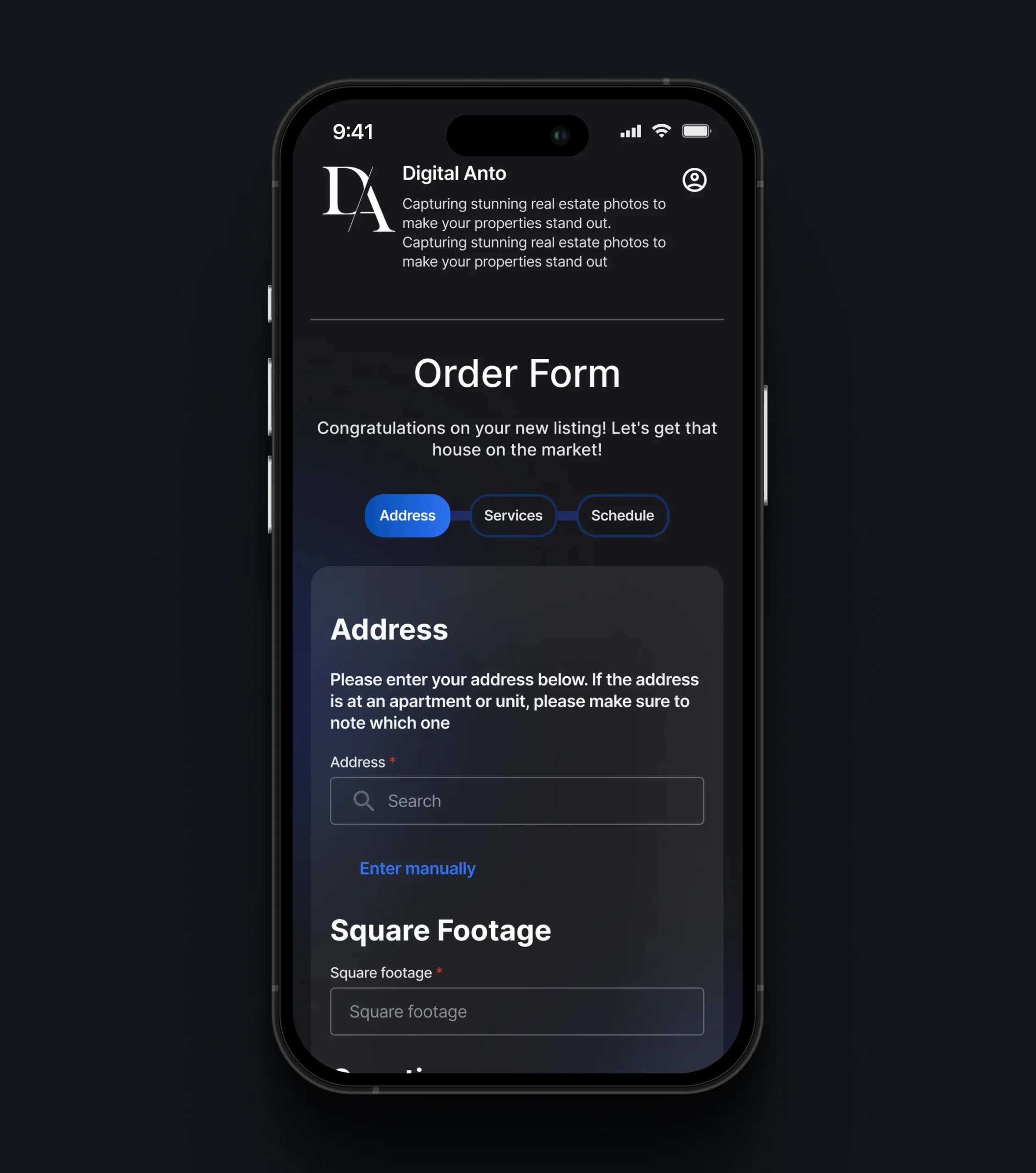 Mobile order form for entering property details
