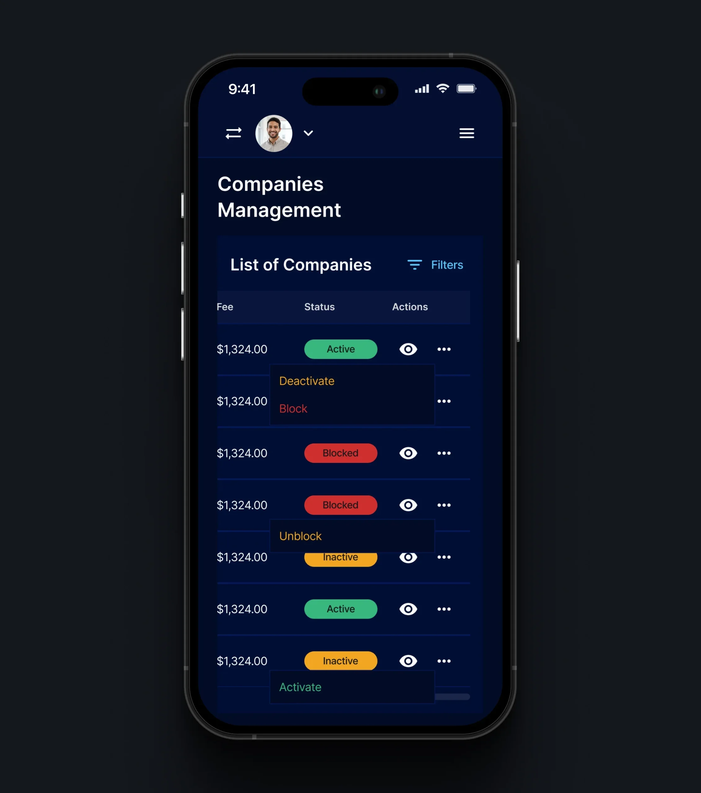 Mobile admin interface for managing company operations