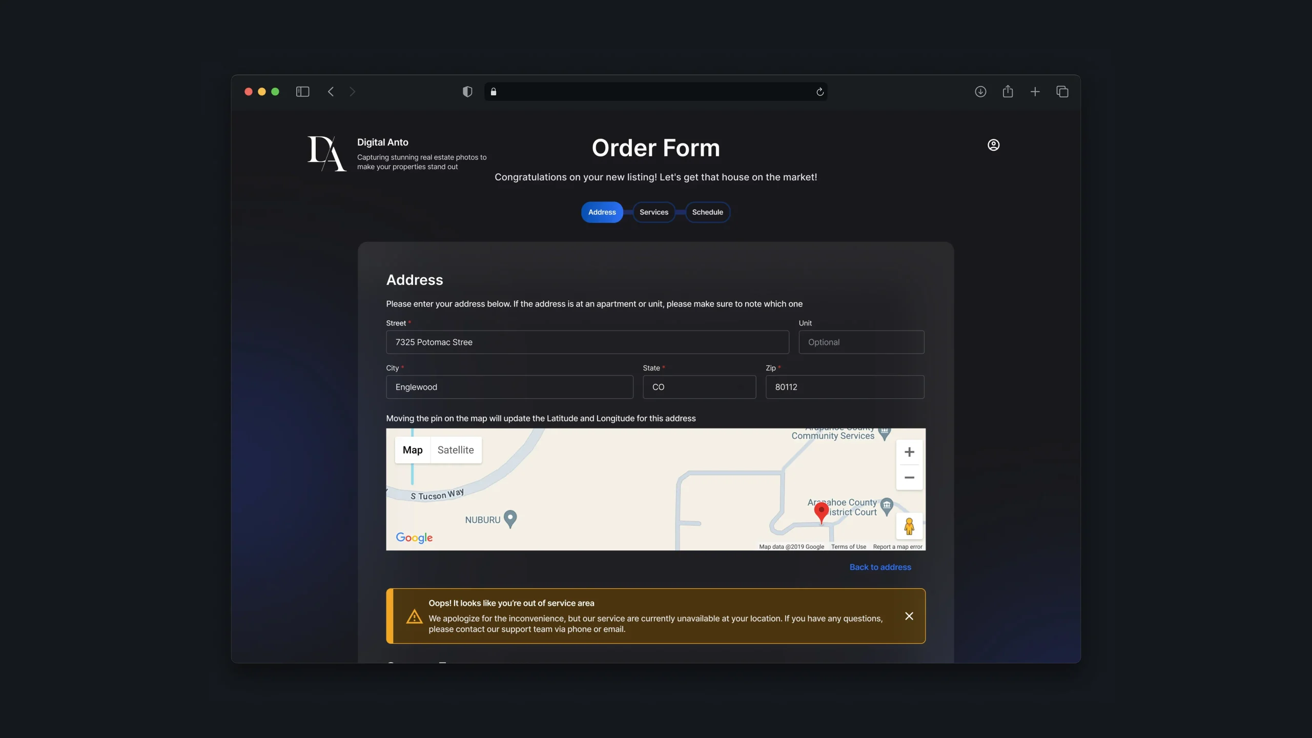 Order form with property address search, map location, and property details