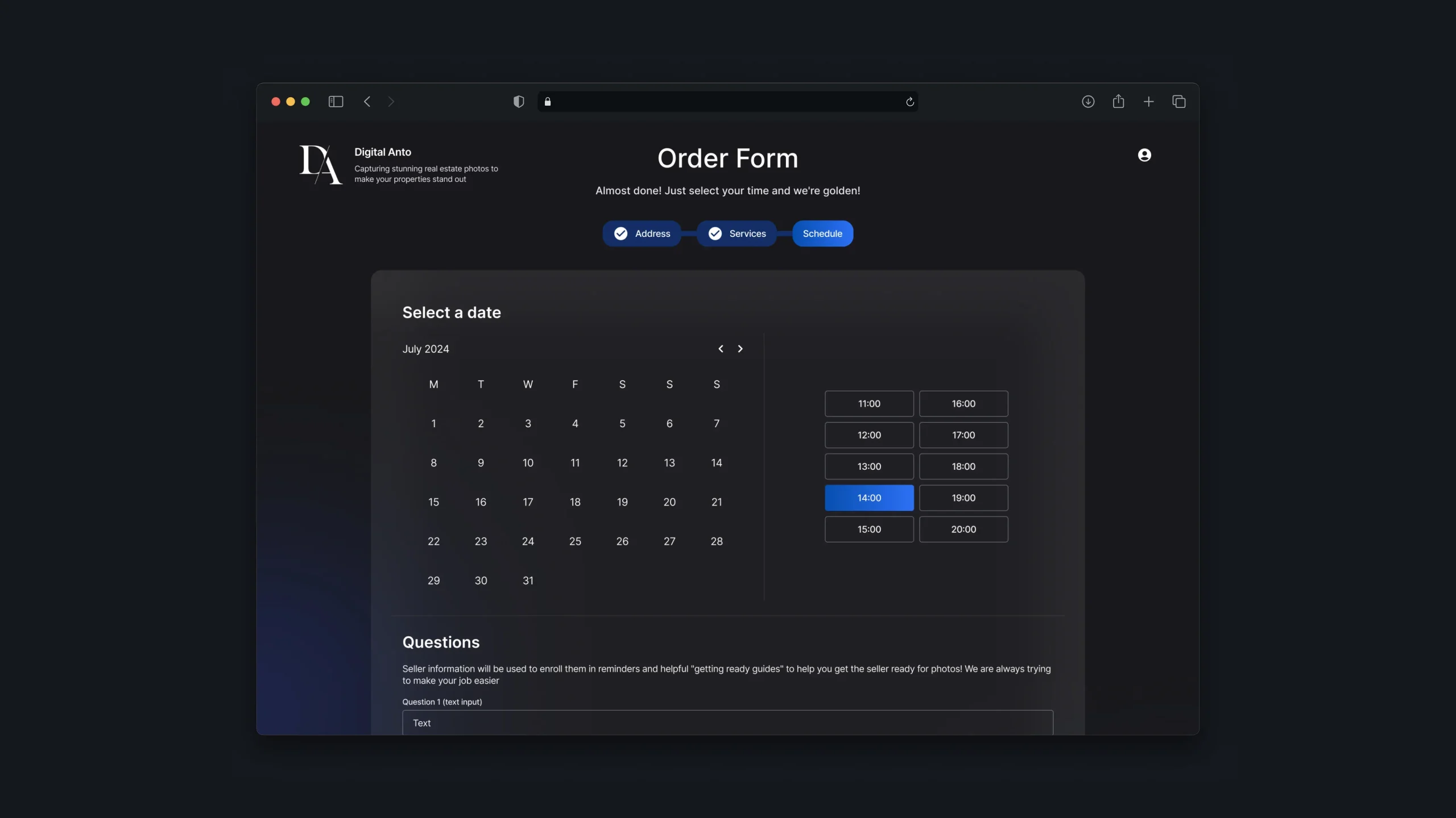 Appointment scheduling screen with calendar and available time slots