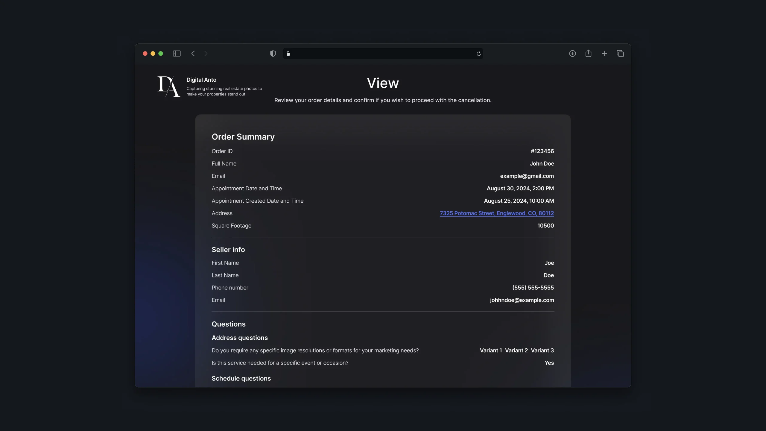 Order review screen with property, appointment, and client details