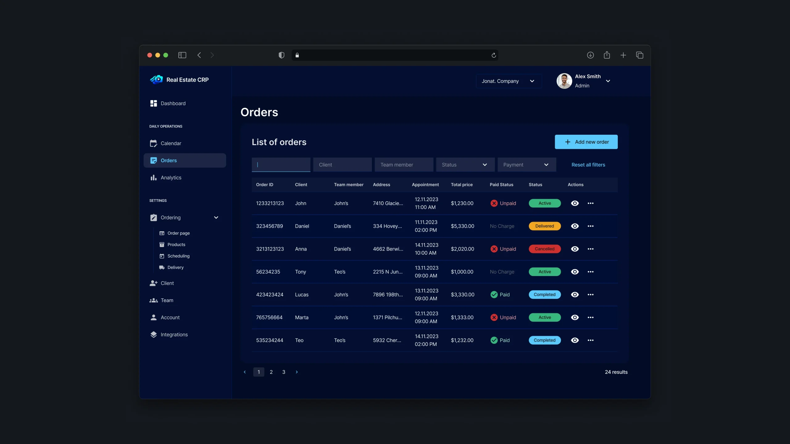 Admin orders list with client, payment, status, and team assignment details