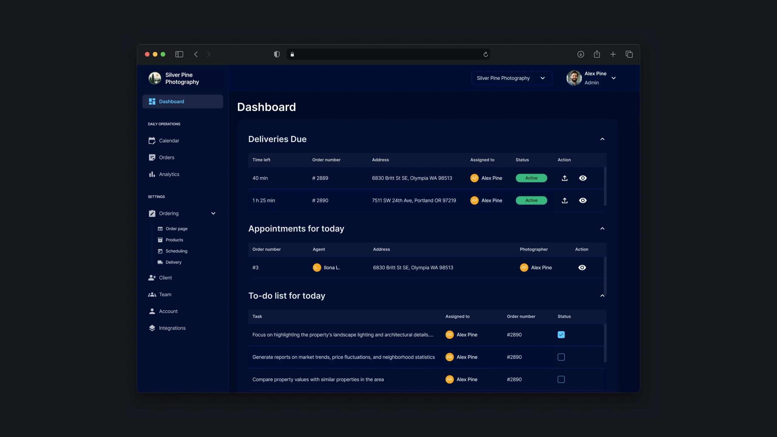 Operations dashboard with daily appointments, deadlines, and team tasks