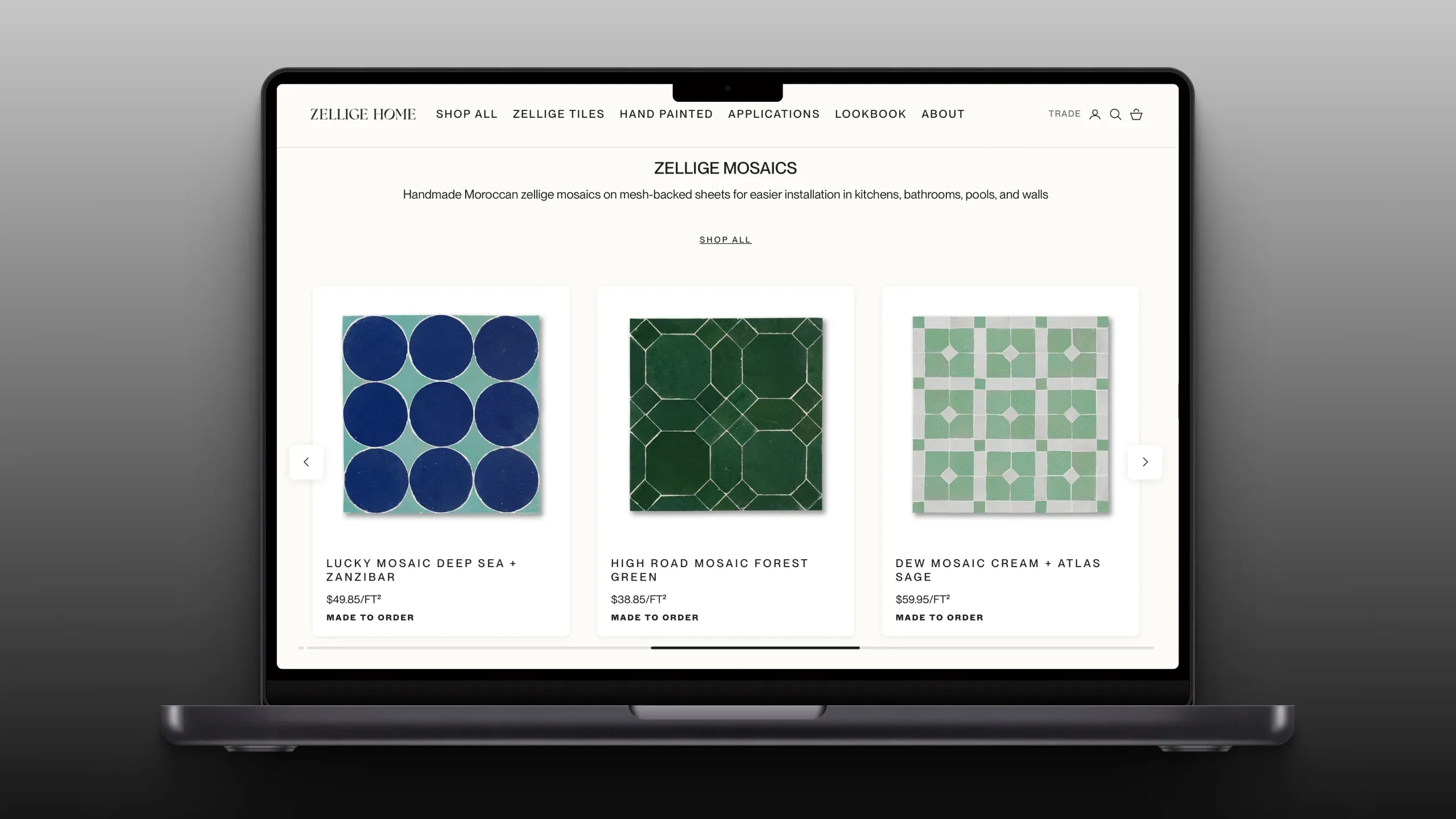 Zellige Home product page showing handmade mosaic tiles in blue, green, and sage colors.