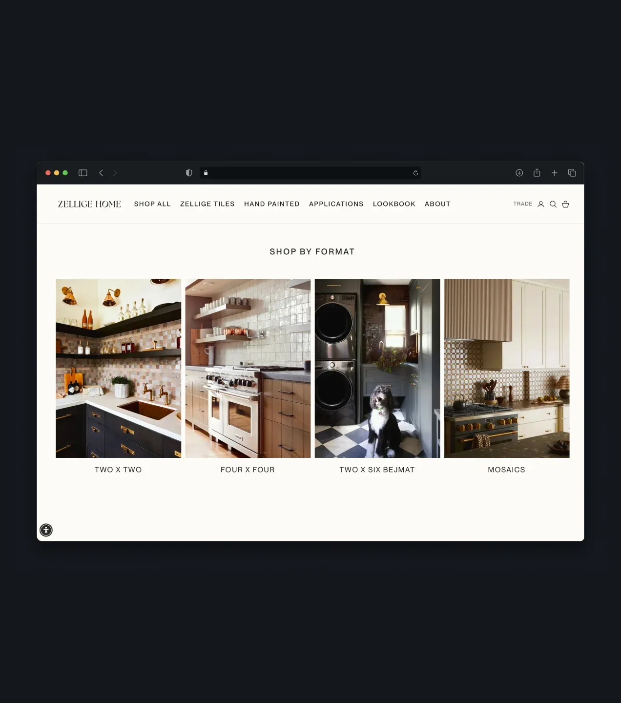 Zellige Home shop-by-format page featuring Two by Two, Four by Four, Two by Six Bejmat, and Mosaics.