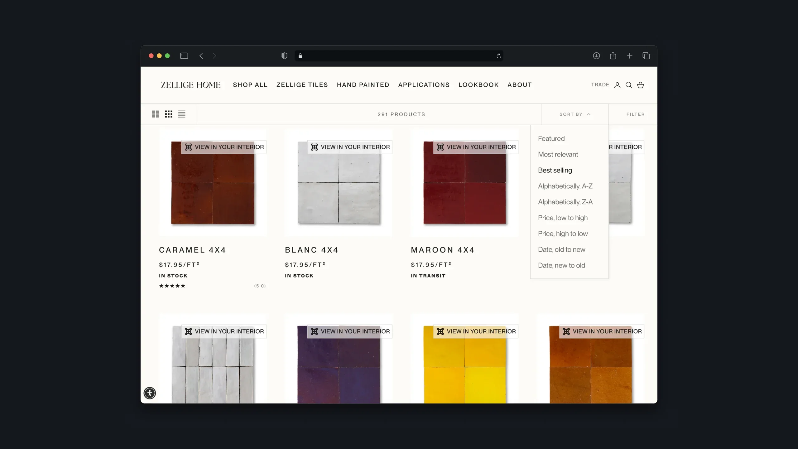 Zellige Home product listing showing colorful 4x4 tiles with the sorting menu expanded.