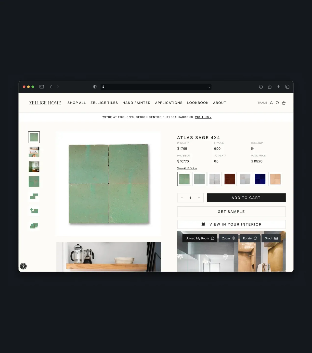 Zellige Home product page for Atlas Sage 4x4 tiles with color options and an Add to Cart button.