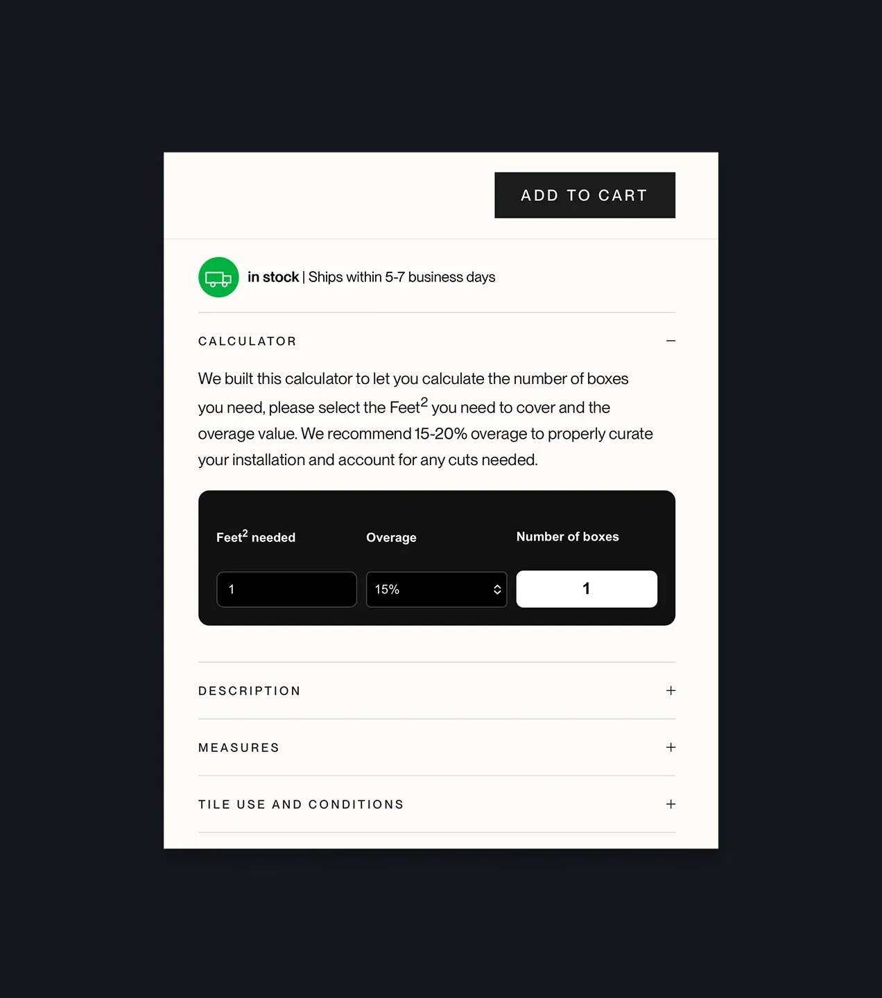 Zellige Home product page section with stock information and a tile box calculator.