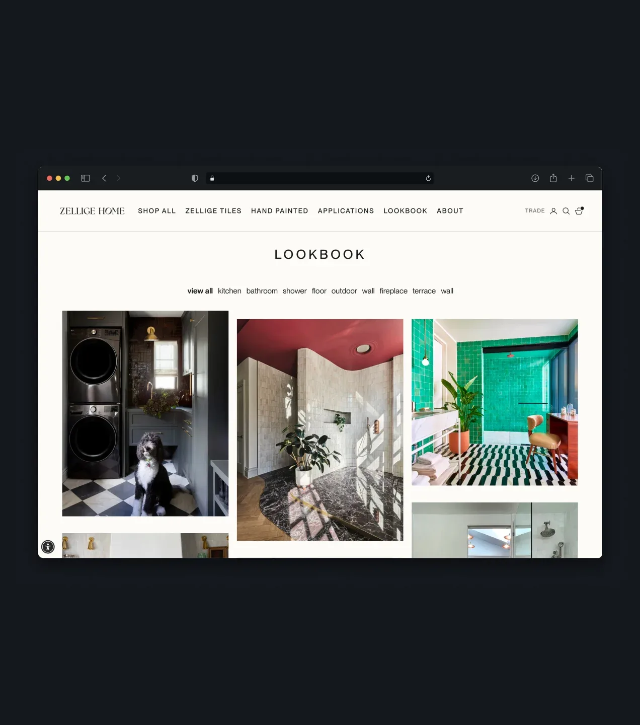 Zellige Home lookbook featuring tiled laundry, bathroom, and shower interiors.