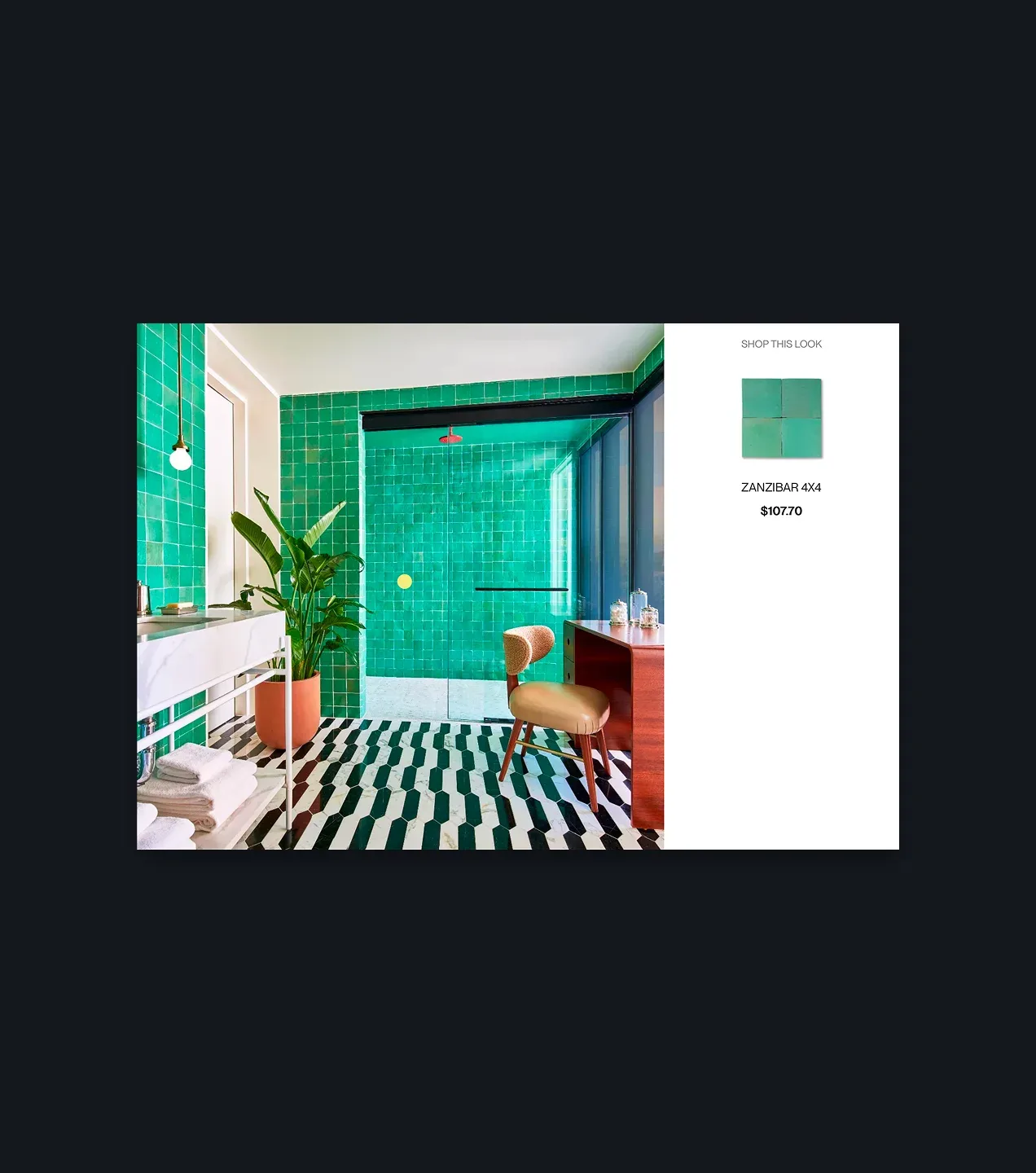 Green tiled bathroom from the Zellige Home lookbook with a Zanzibar 4x4 product panel.