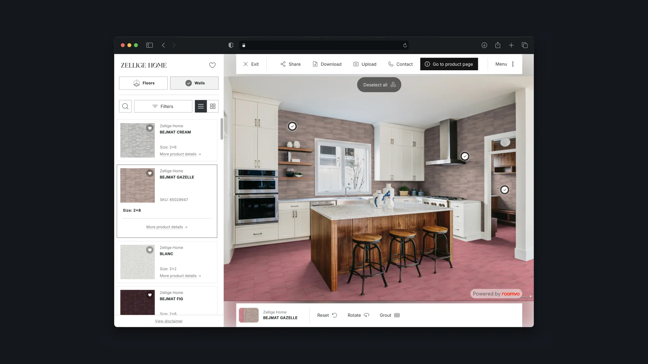 Zellige Home room visualizer showing a kitchen with selected Bejmat Gazelle wall tiles.