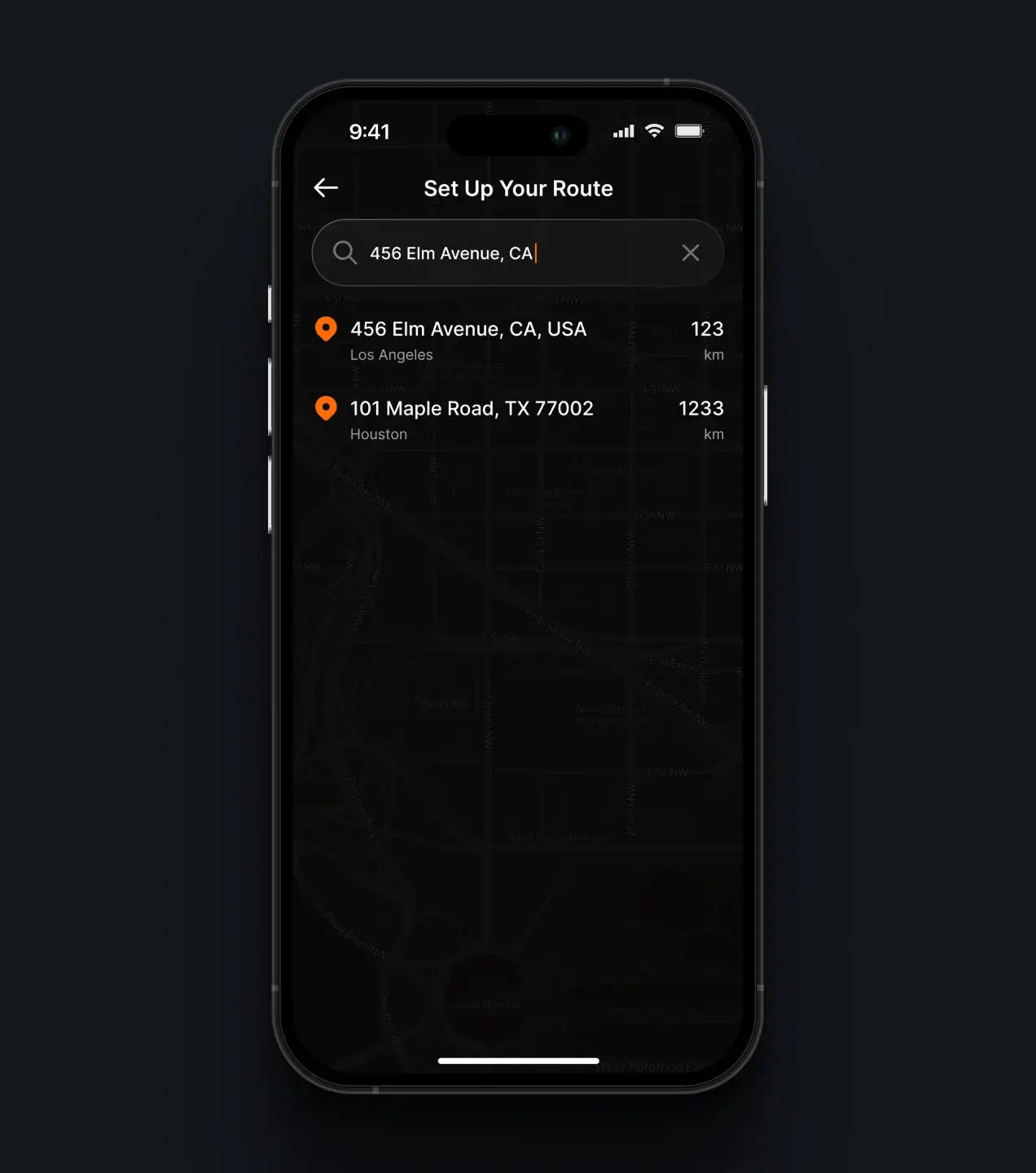 iLine Pilot app route setup screen with destination search results
