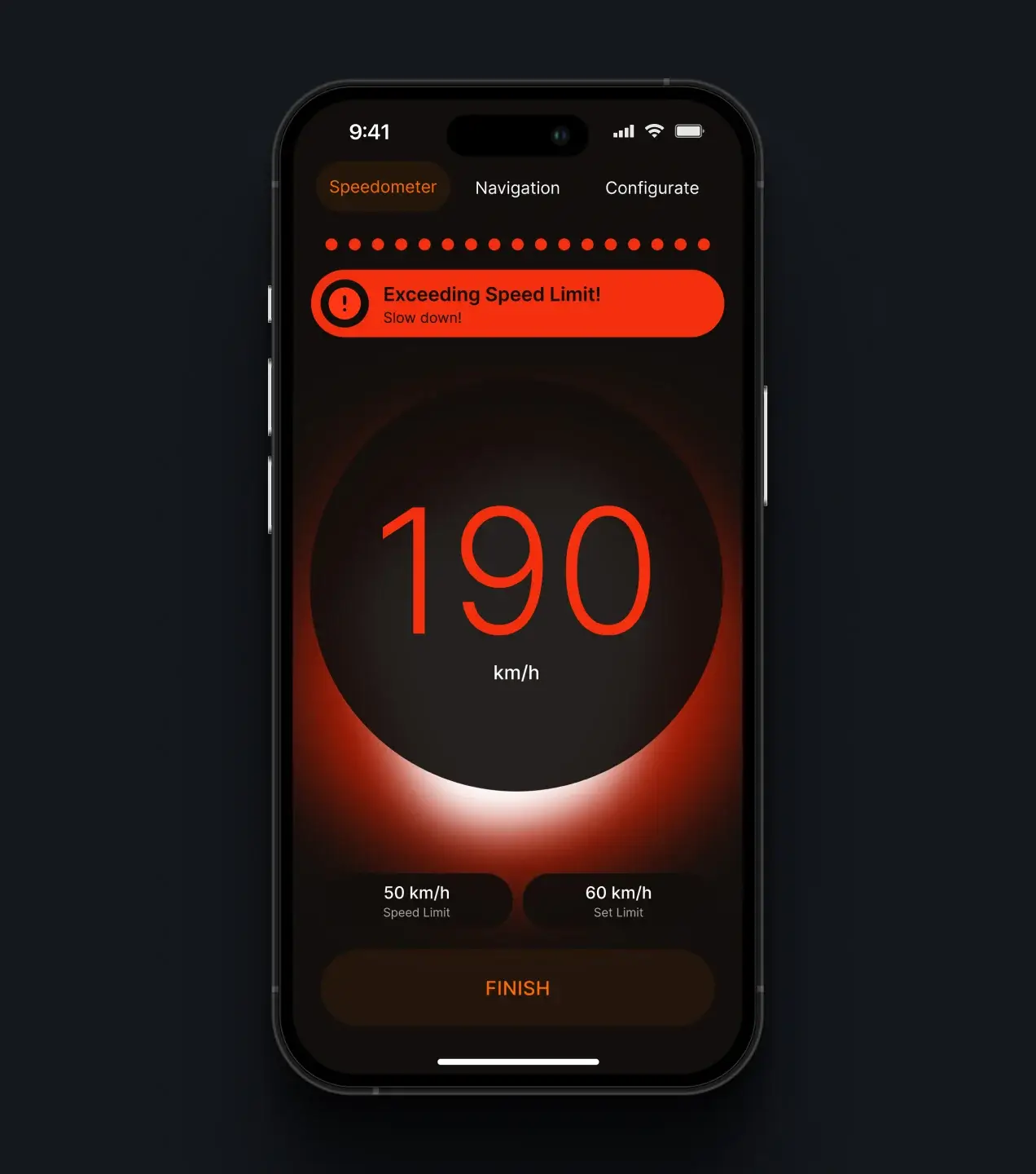 iLine Pilot speedometer warning that 190 km/h exceeds the set speed limit