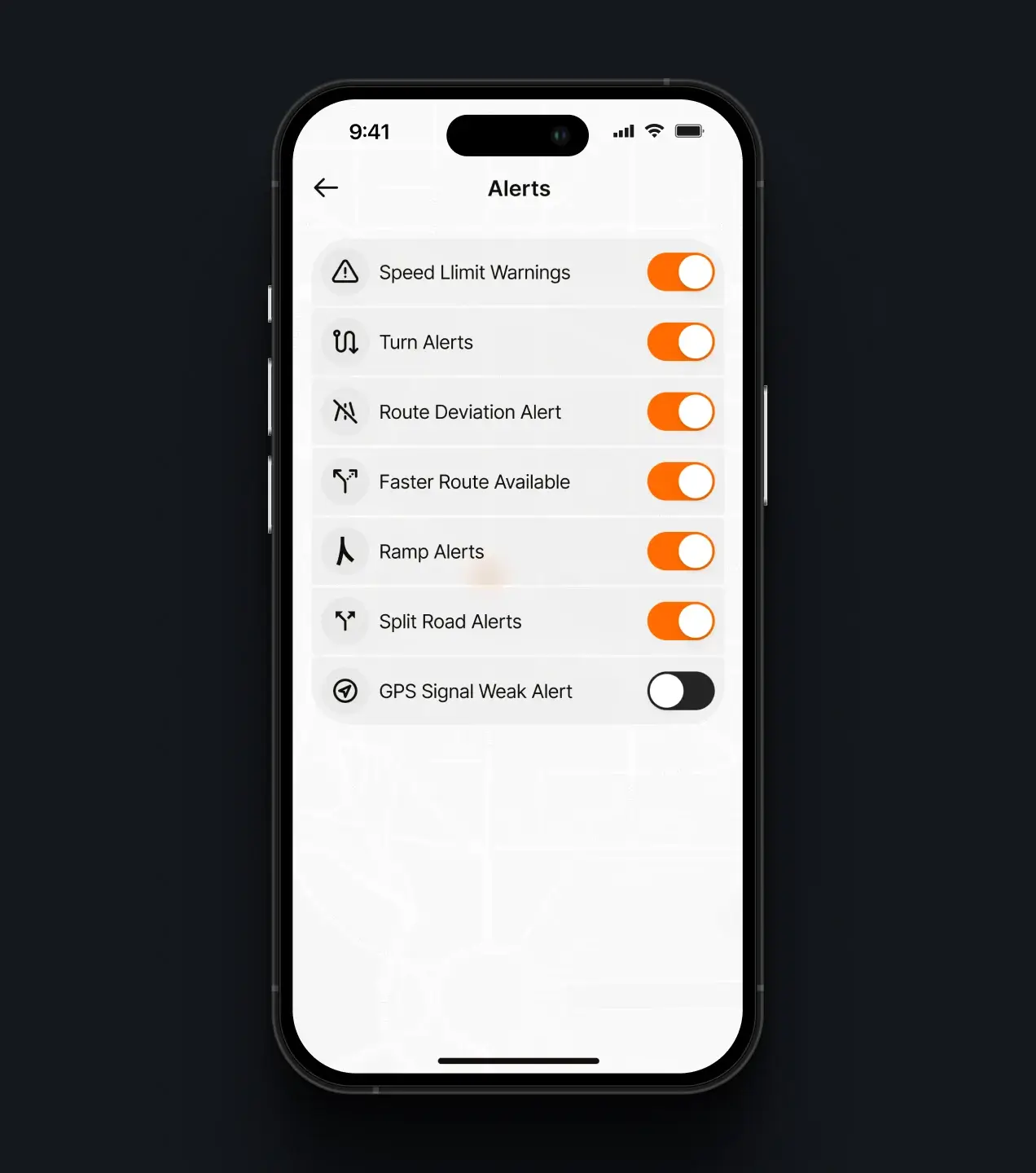 iLine Pilot app alert settings for speed, turns, route deviations and navigation