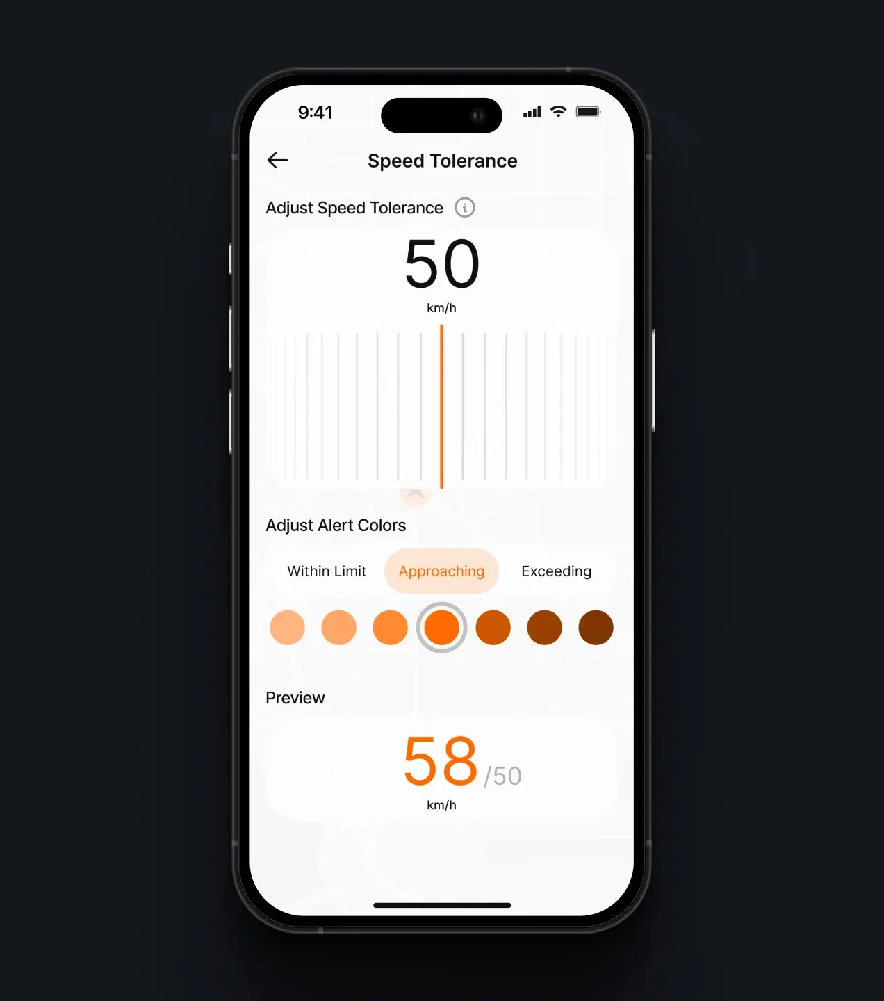iLine Pilot app screen for adjusting speed tolerance and alert colors
