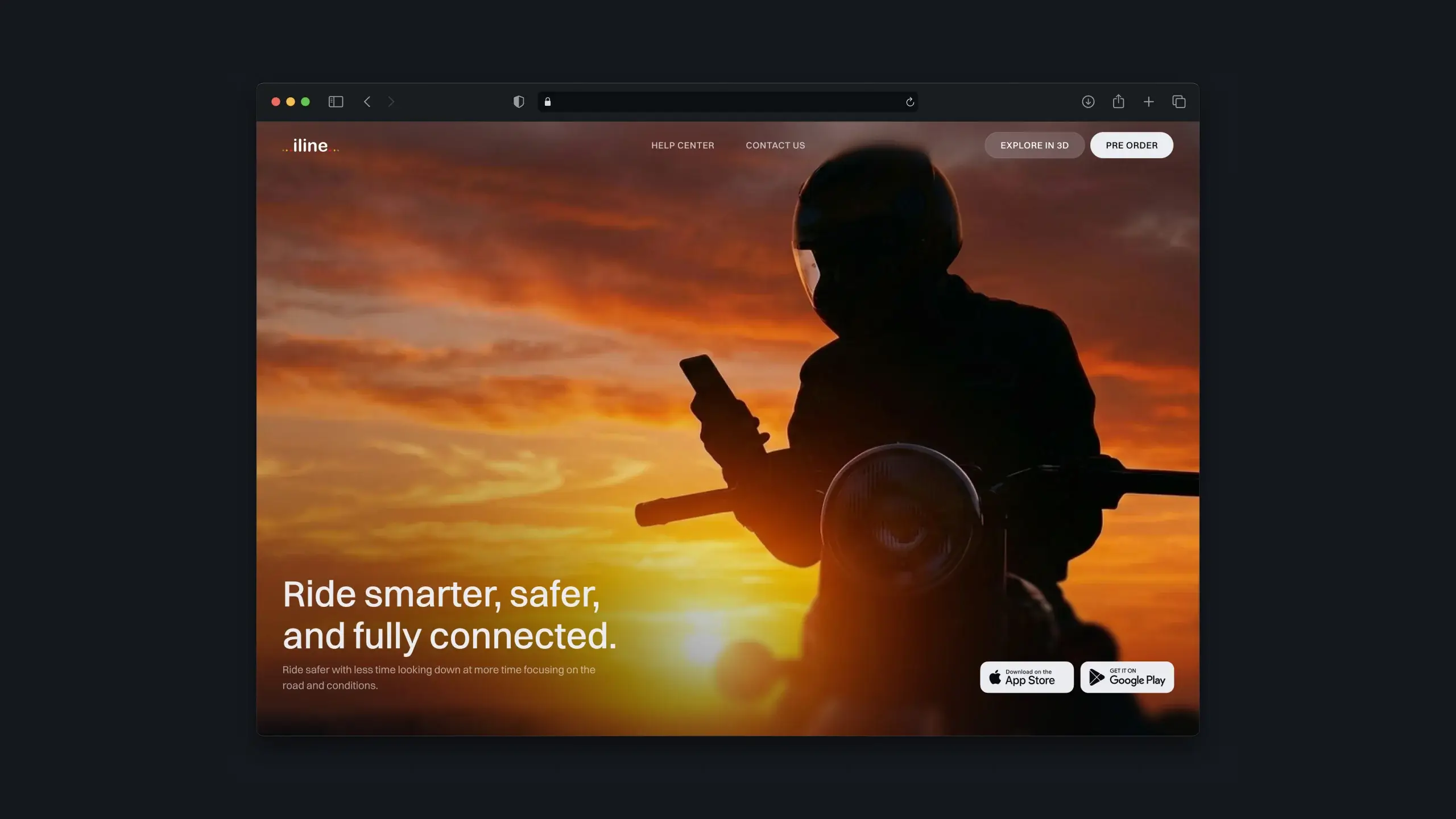 iLine website homepage with a motorcyclist at sunset and mobile app download links