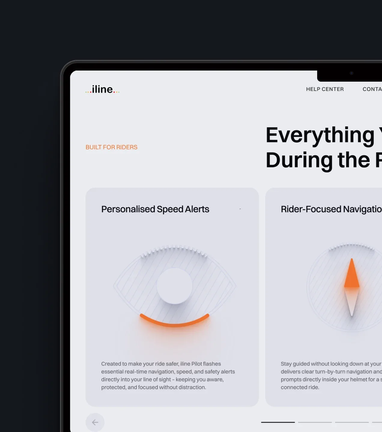 iLine website feature section for personalised speed alerts and rider-focused navigation