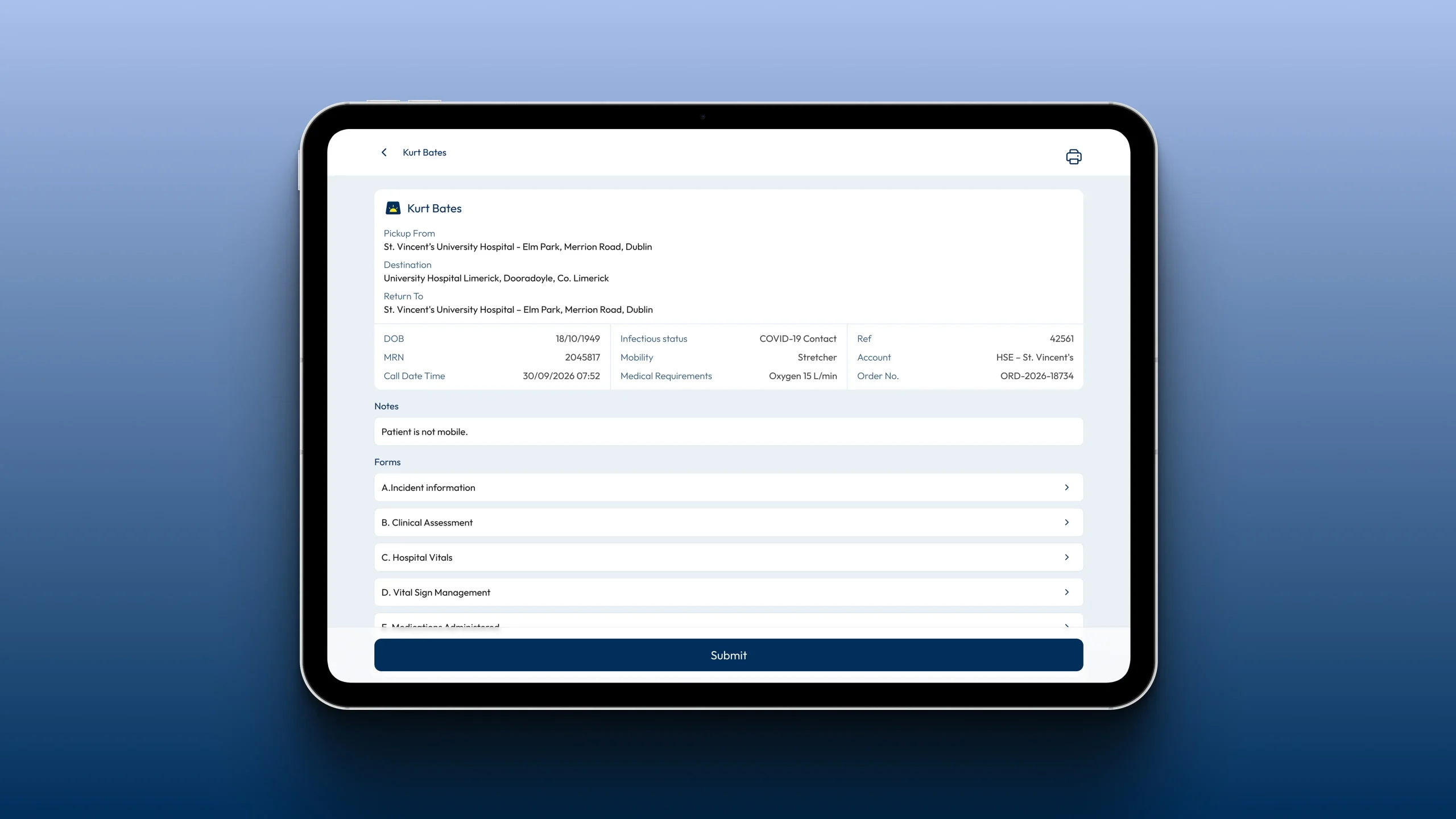 Patient transfer record displayed on a tablet, with pickup and destination details, medical requirements, notes, and forms.