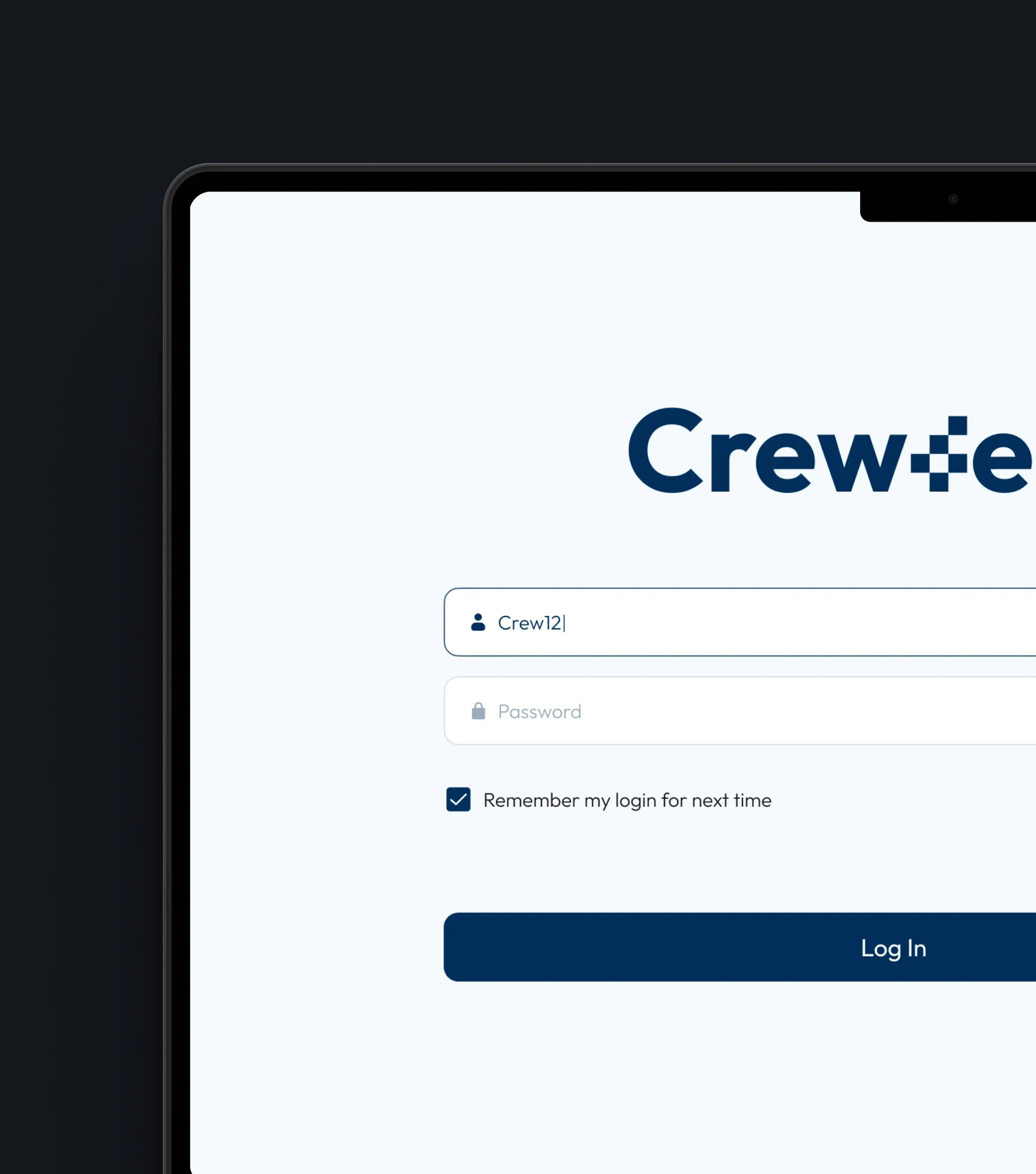 Ambulance crew app login screen on a tablet, with username, password, and a remember-login option.