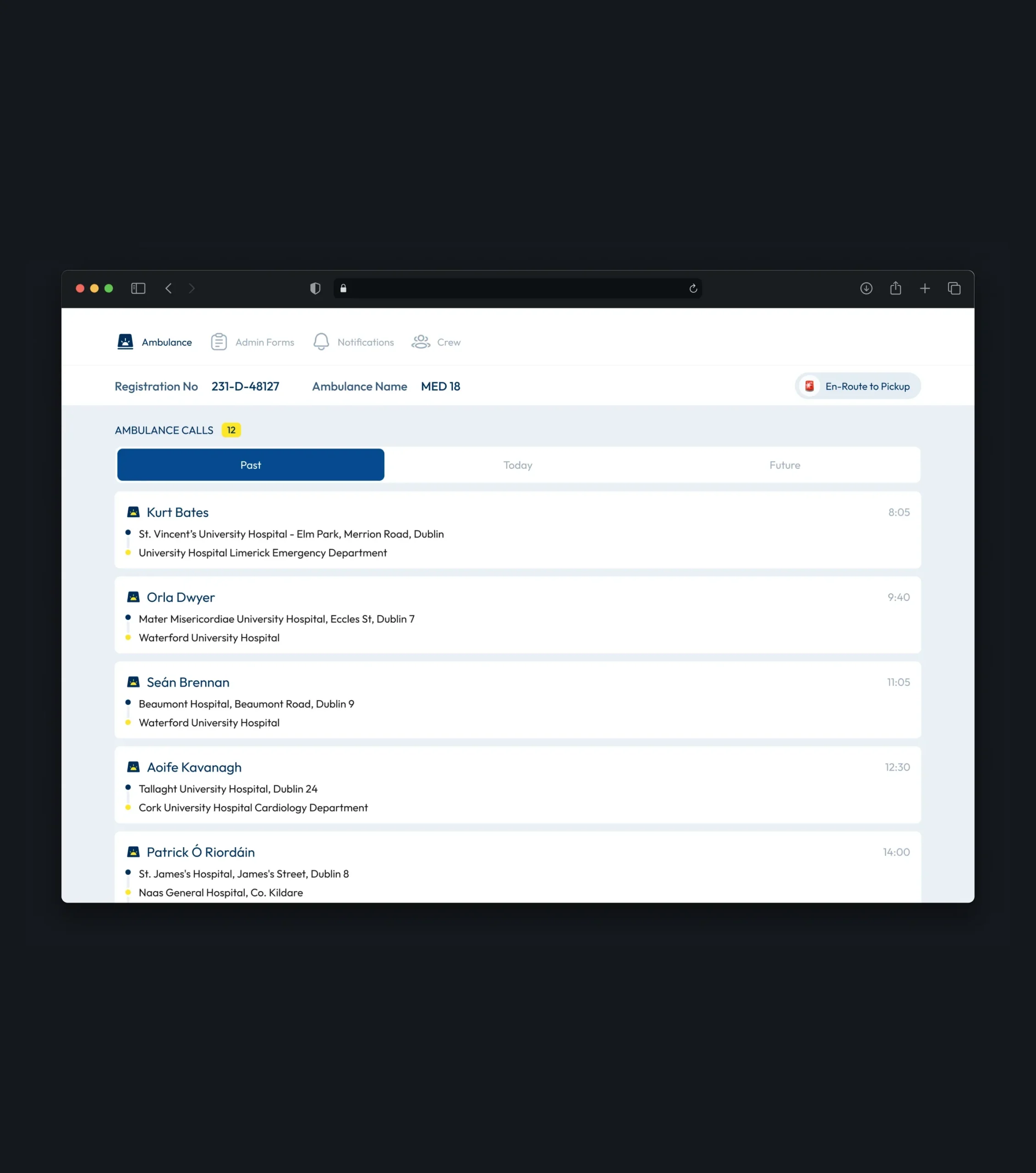 Ambulance call dashboard in a browser, listing scheduled patient transfers and their destinations.