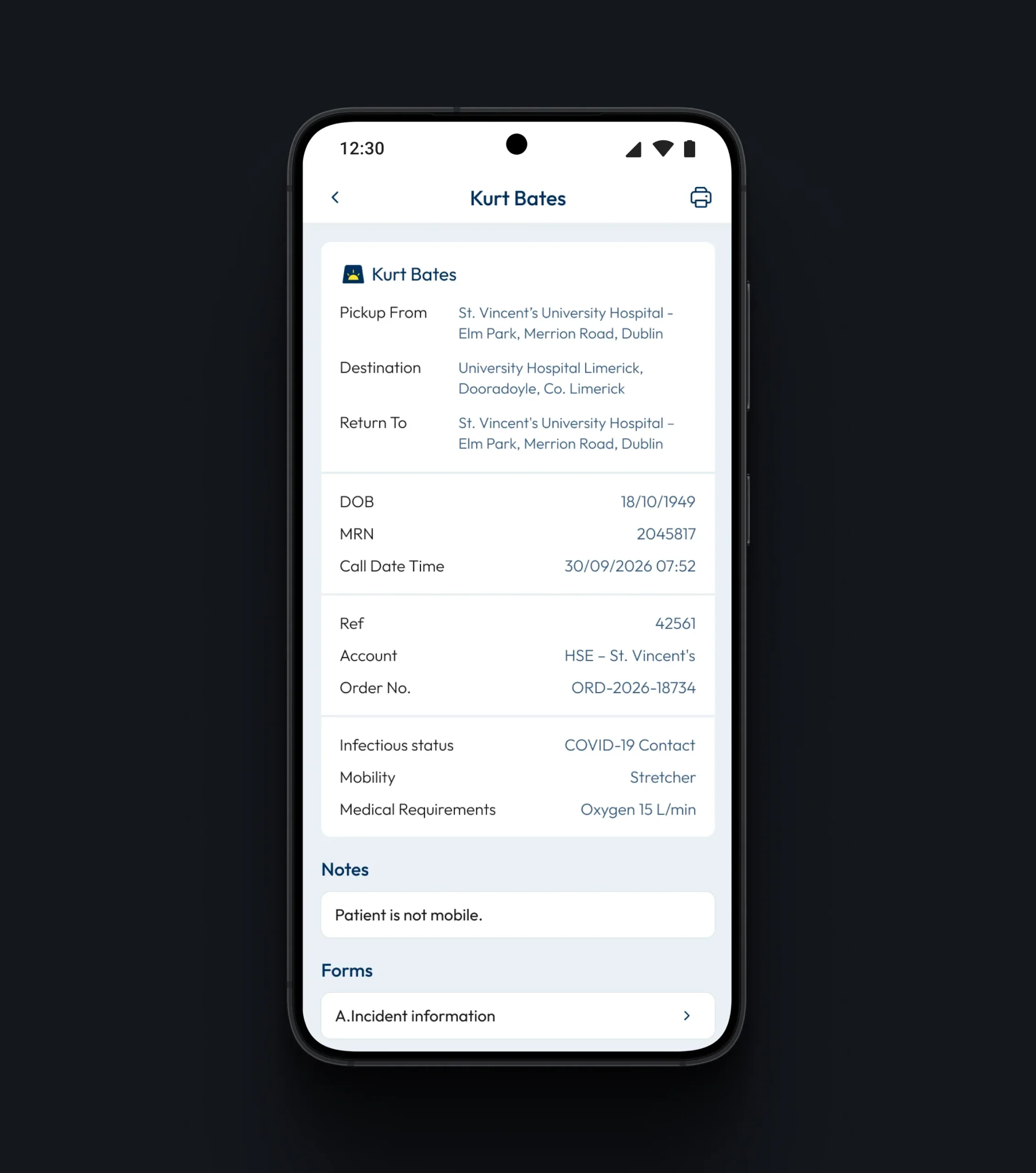 Patient transfer details on a smartphone, including pickup and return locations, mobility needs, and medical requirements.