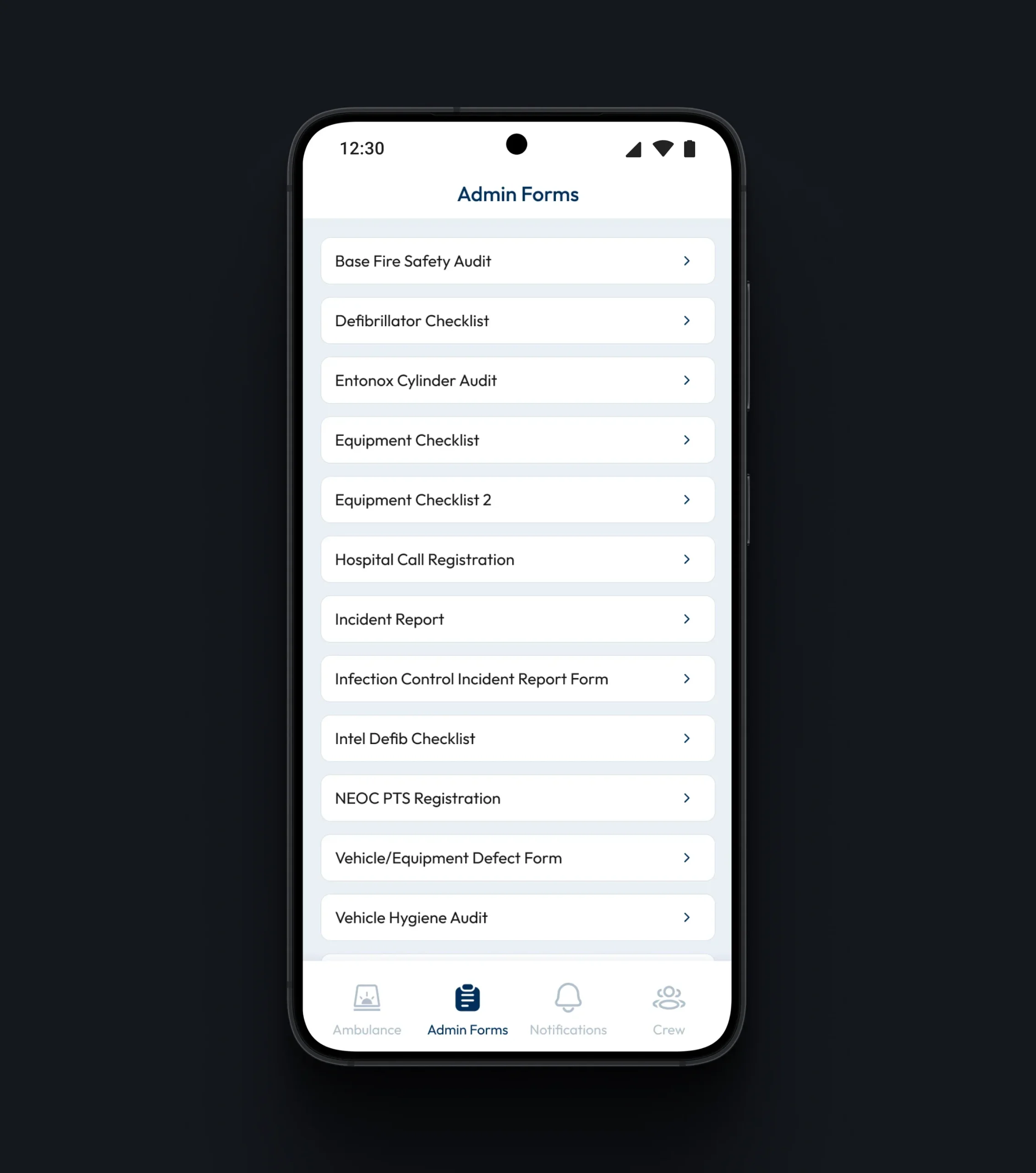 Administrative forms menu on a smartphone, listing equipment checks, audits, and incident reports.