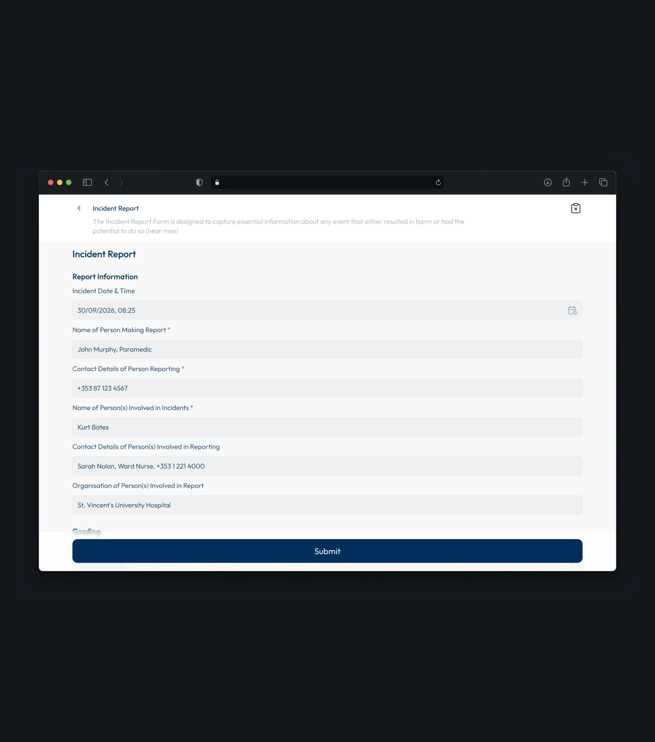 Incident report form in a browser, with fields for the event time, reporter, people involved, and organization.