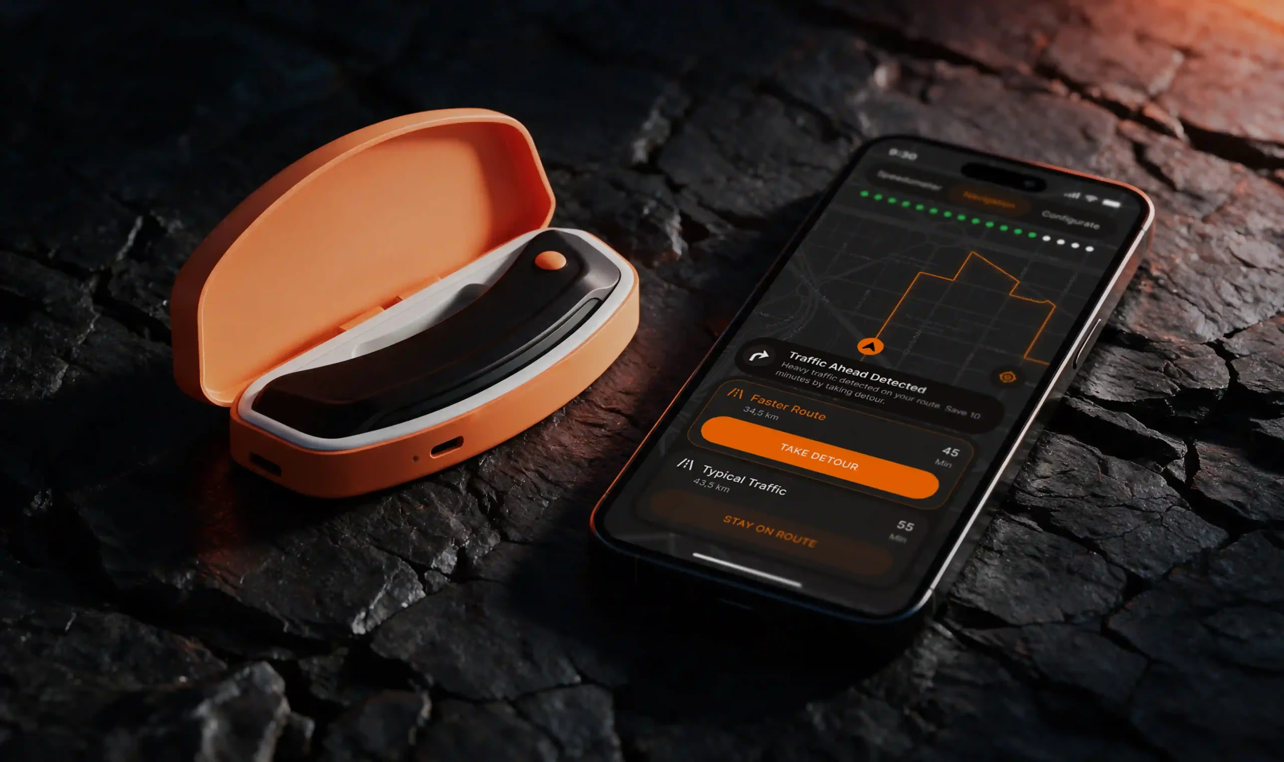 Helmet-mounted riding device and smartphone showing a faster route around traffic