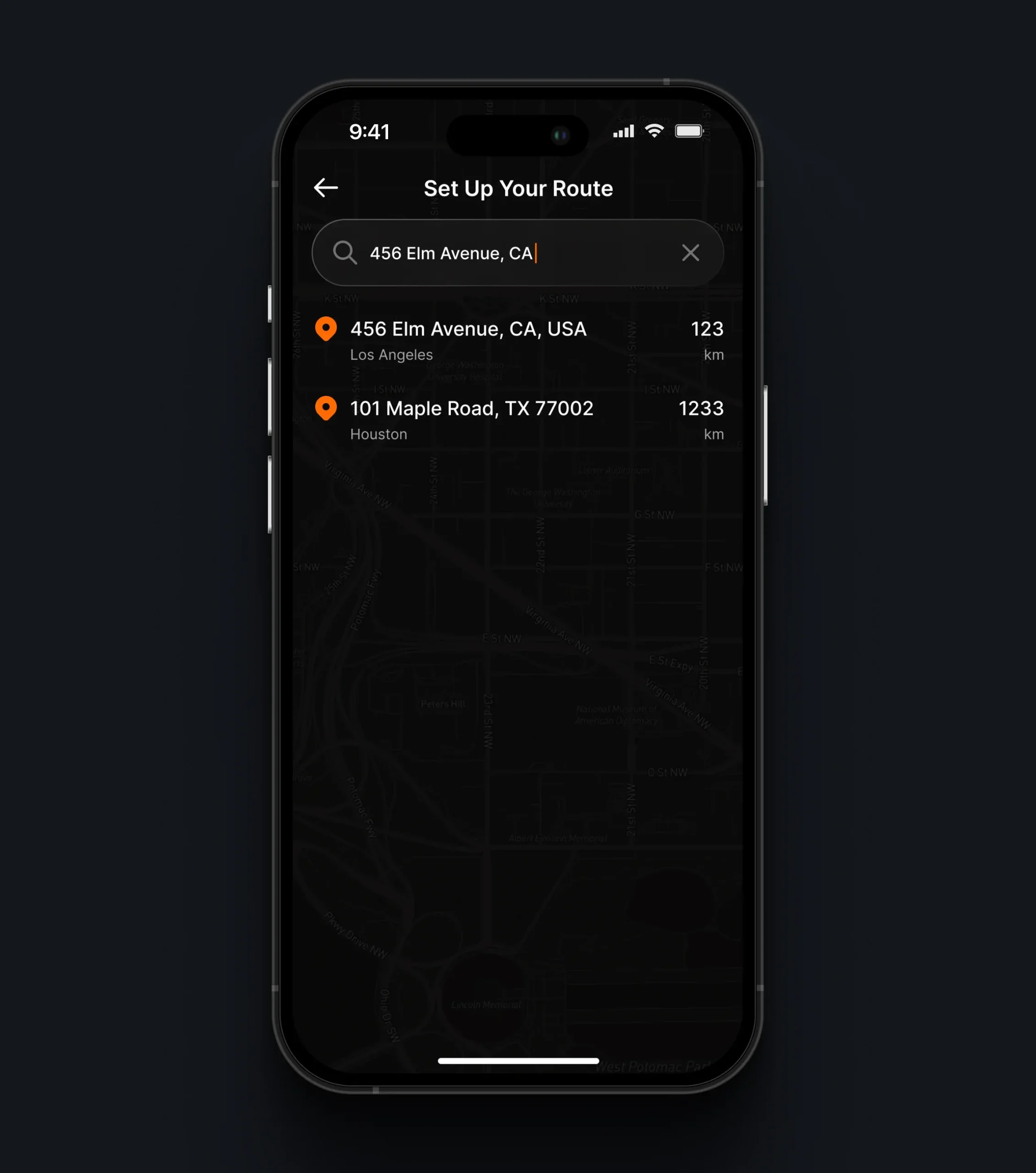 Route setup screen with address search and suggested destinations