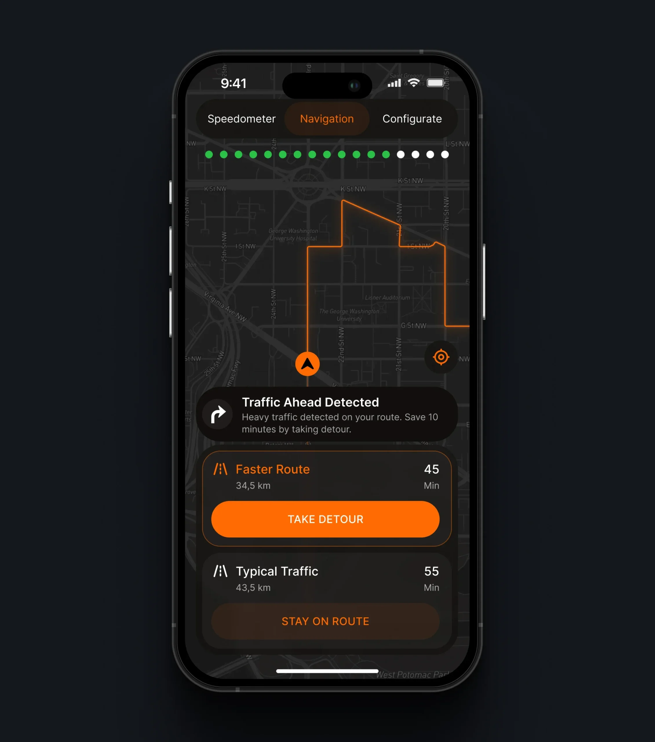 Navigation app suggesting a faster detour around traffic with estimated travel times