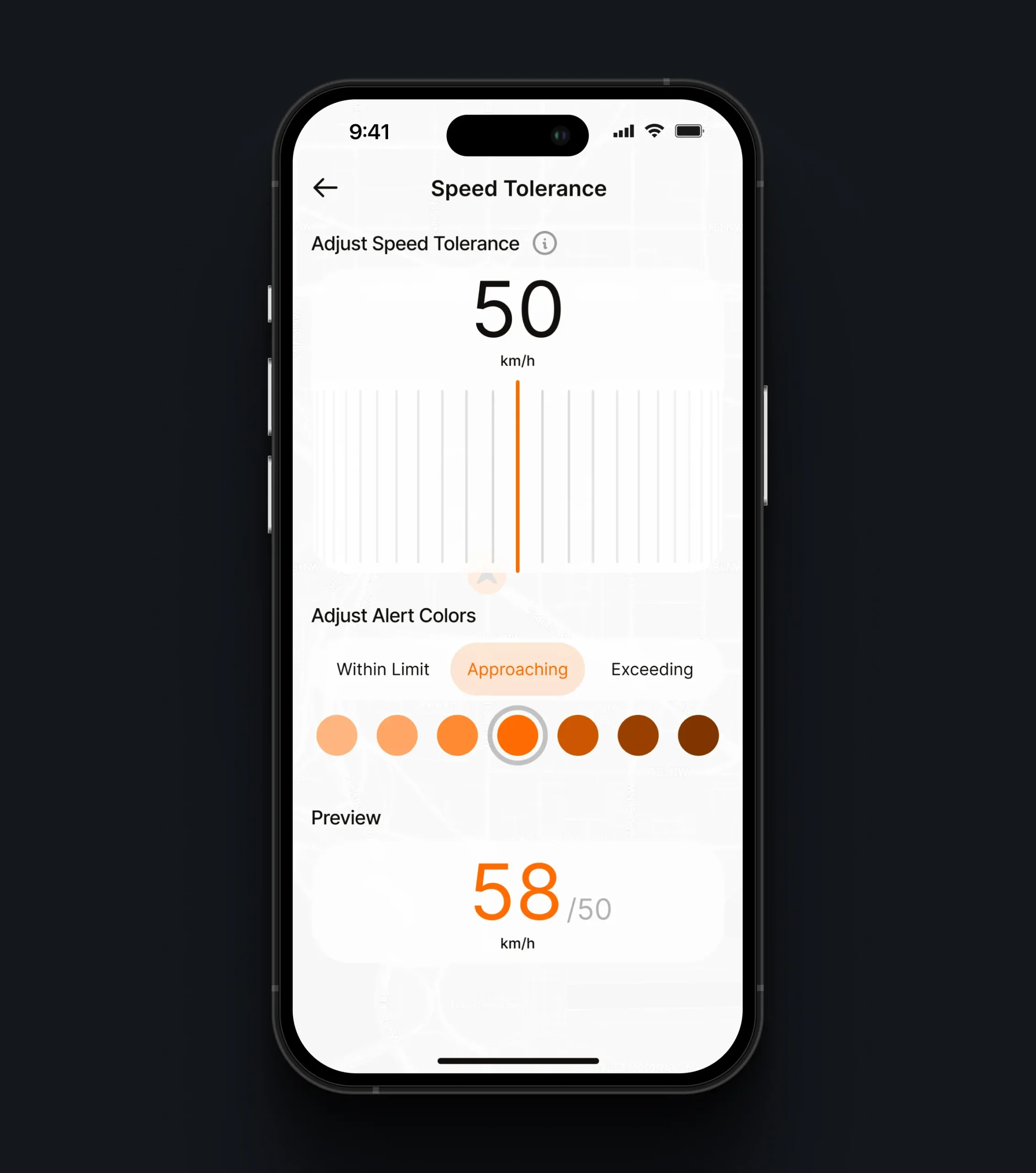 App screen for adjusting speed tolerance and previewing alert colors