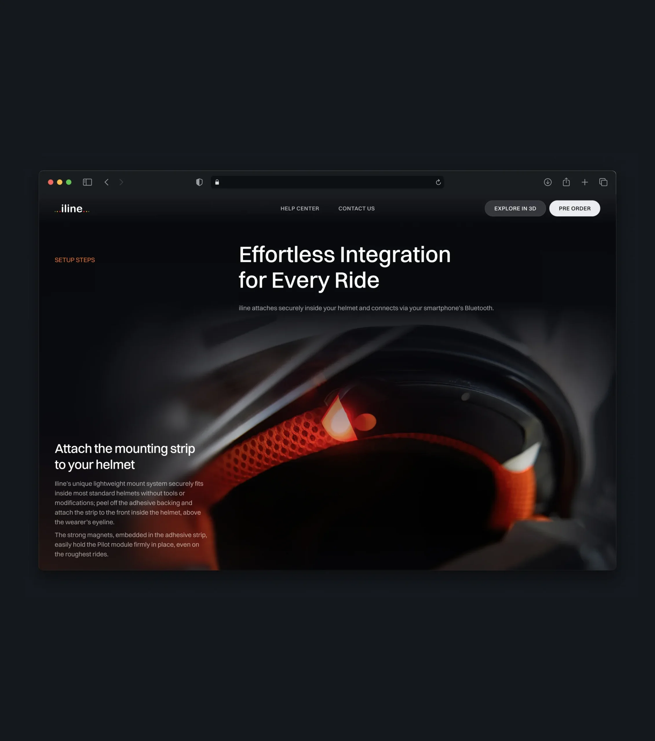 Website setup section showing how to attach a magnetic mounting strip inside a motorcycle helmet