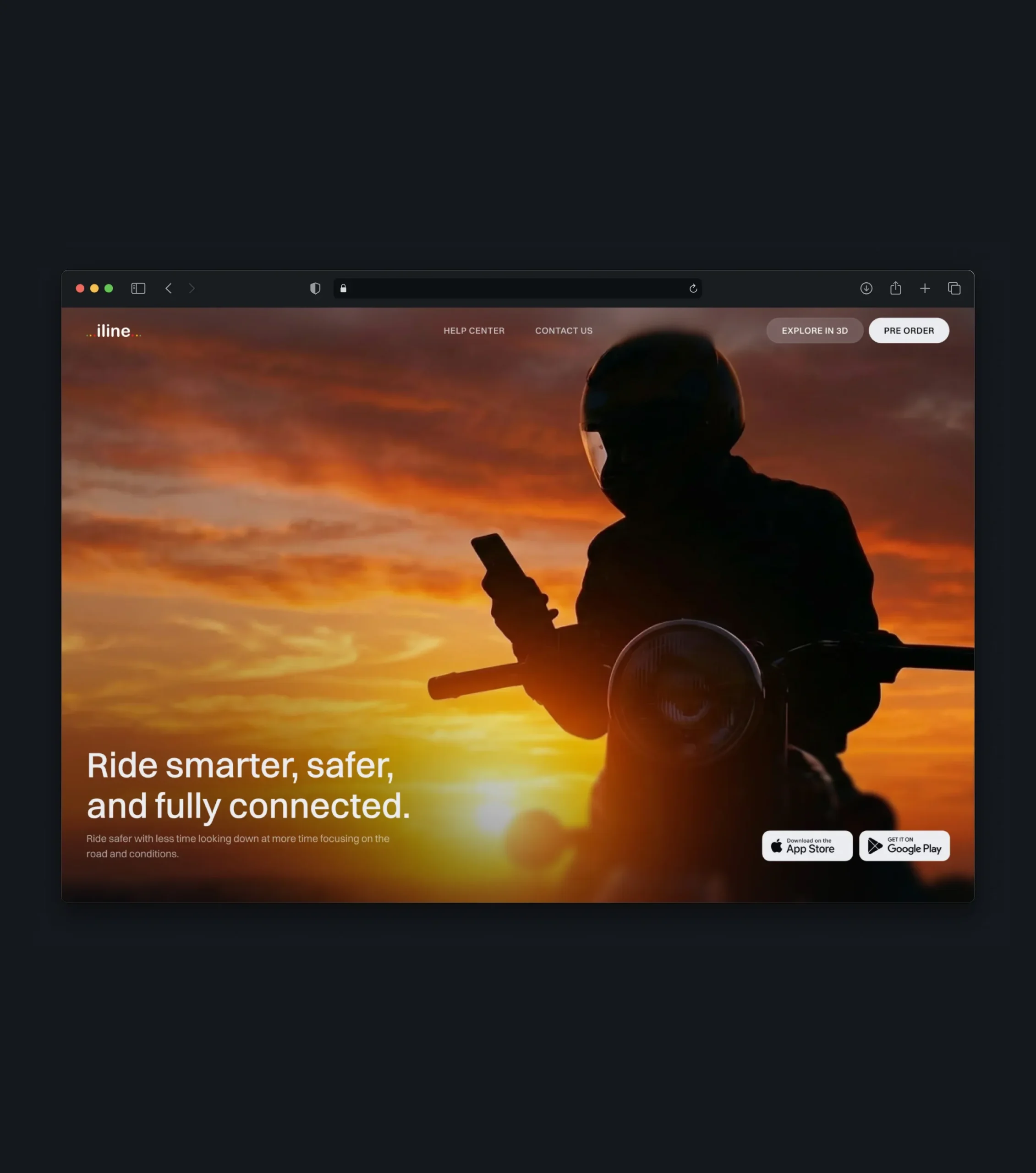 Website hero section featuring a motorcyclist at sunset with a companion app download links