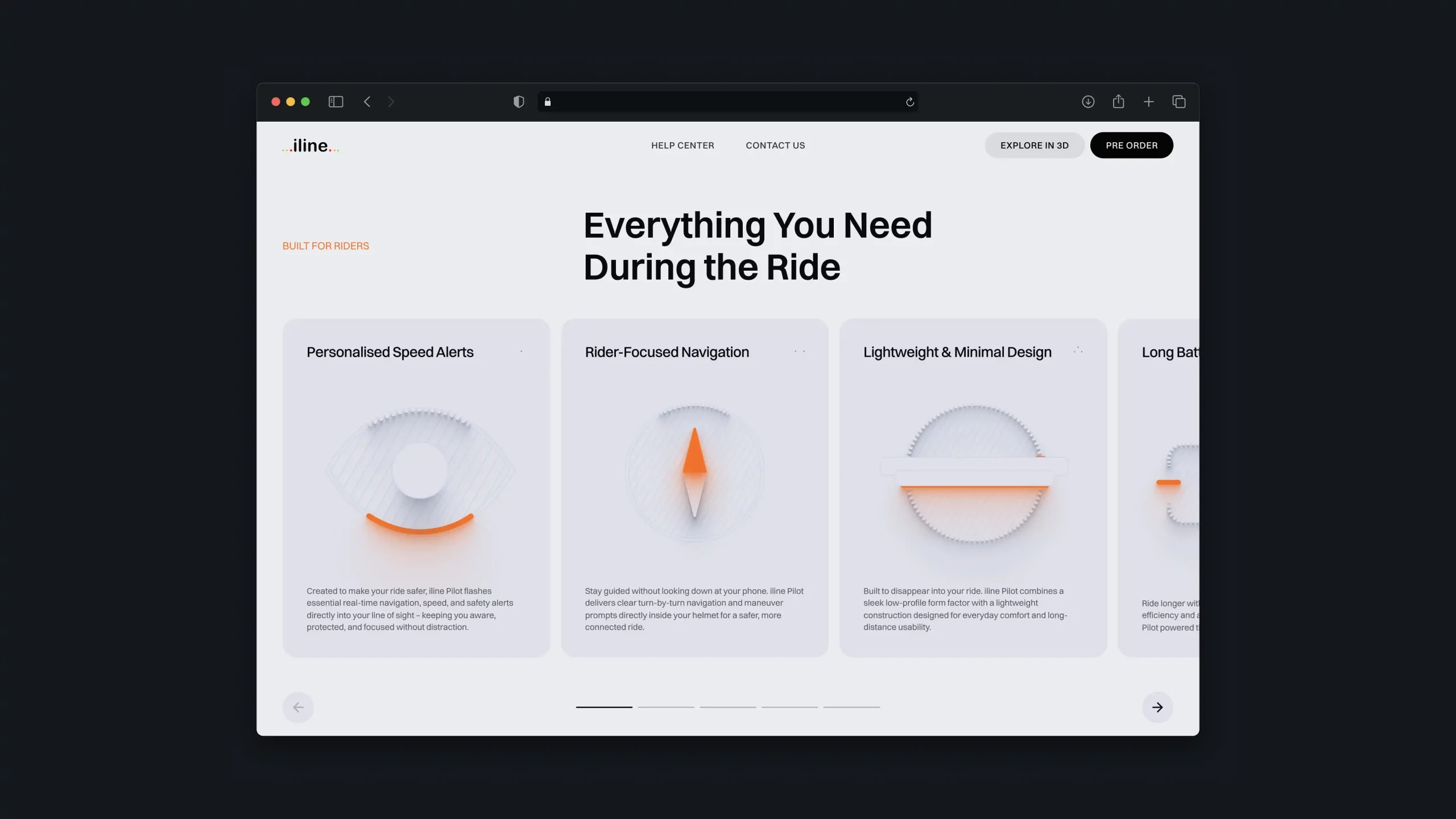Website feature cards for speed alerts, rider-focused navigation and lightweight design
