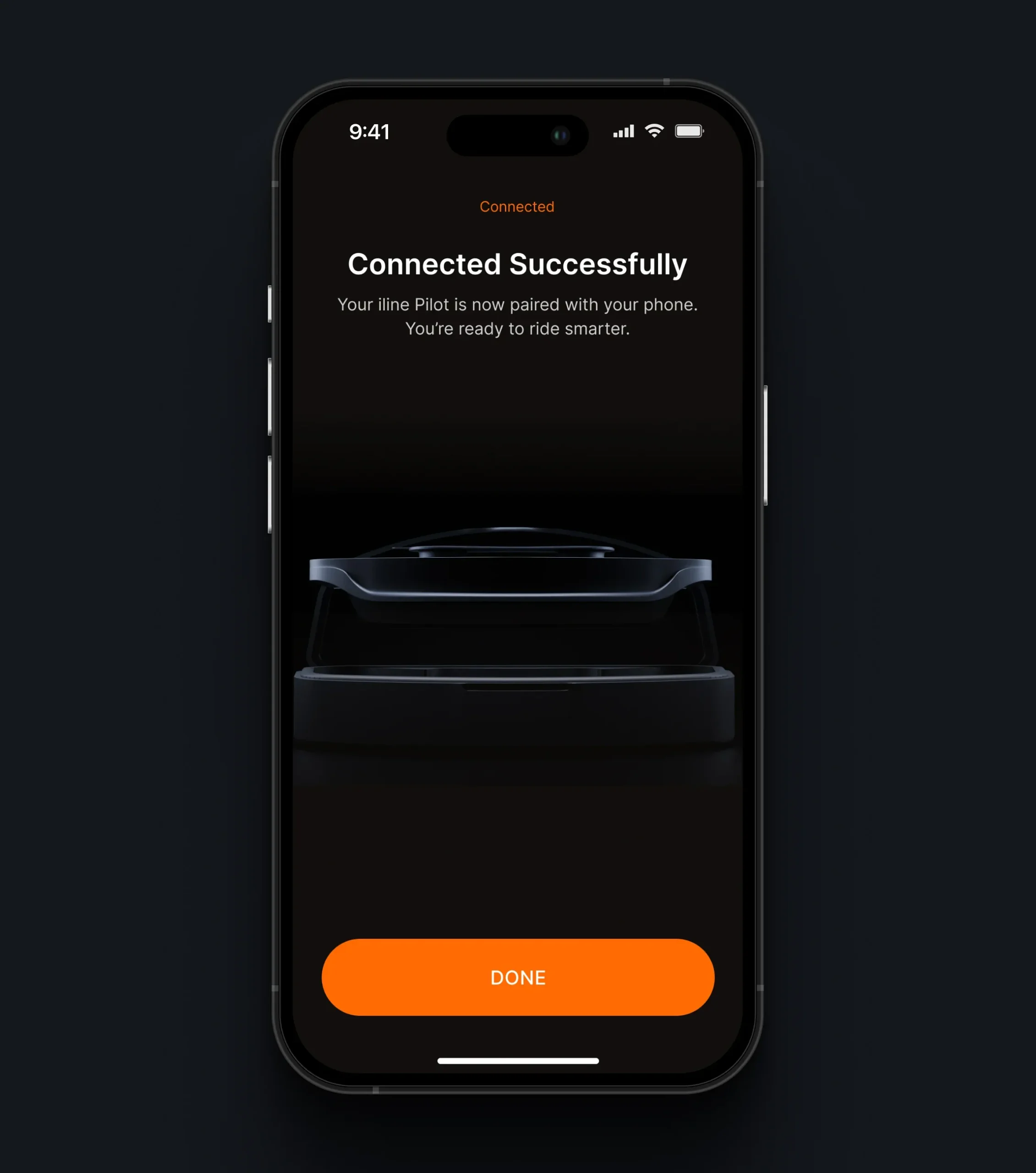 Smartphone app confirming a successful connection to the riding device