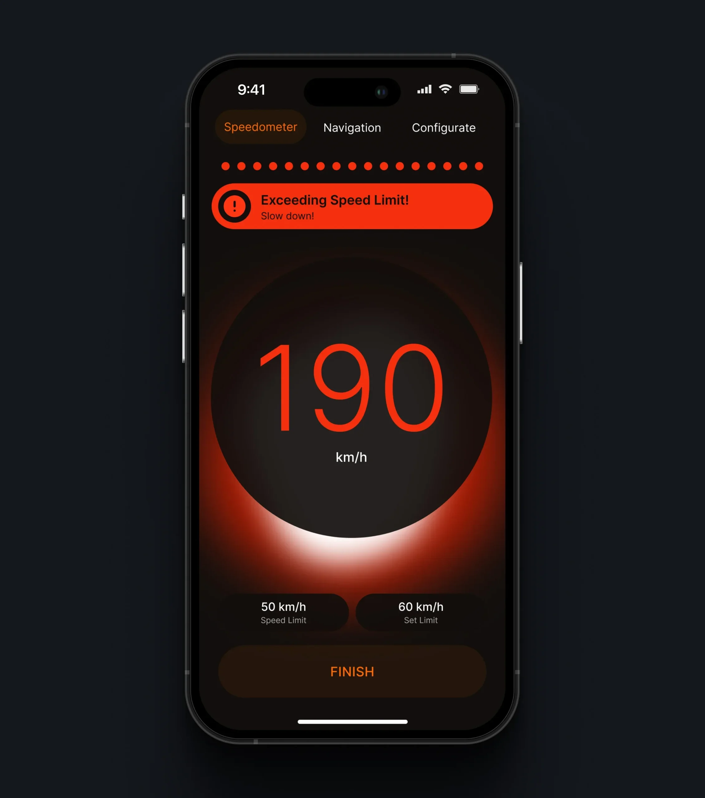 Smartphone speedometer warning showing 190 km/h, above the configured speed limit