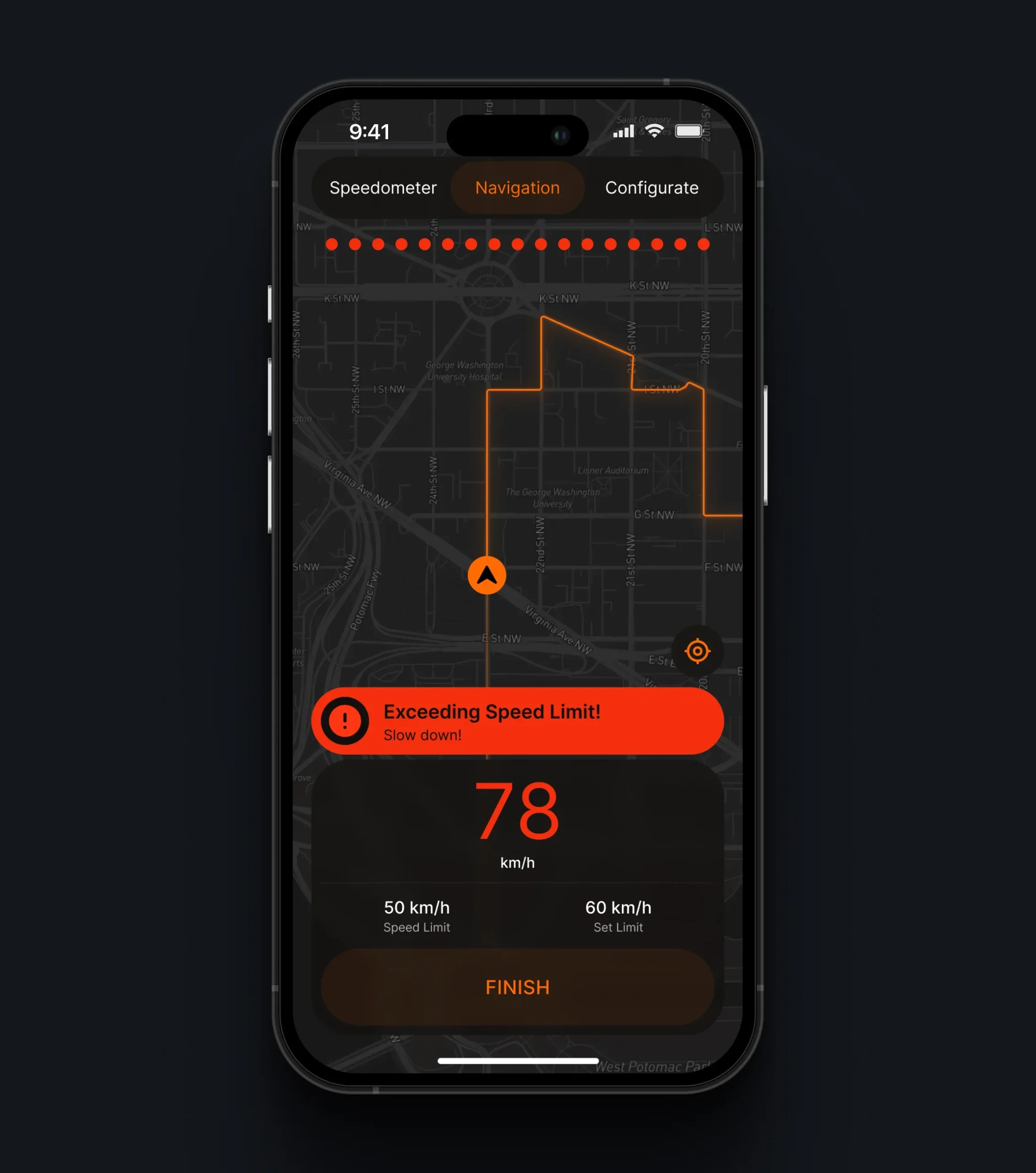 Navigation app showing a route map and an alert that the rider is exceeding the speed limit
