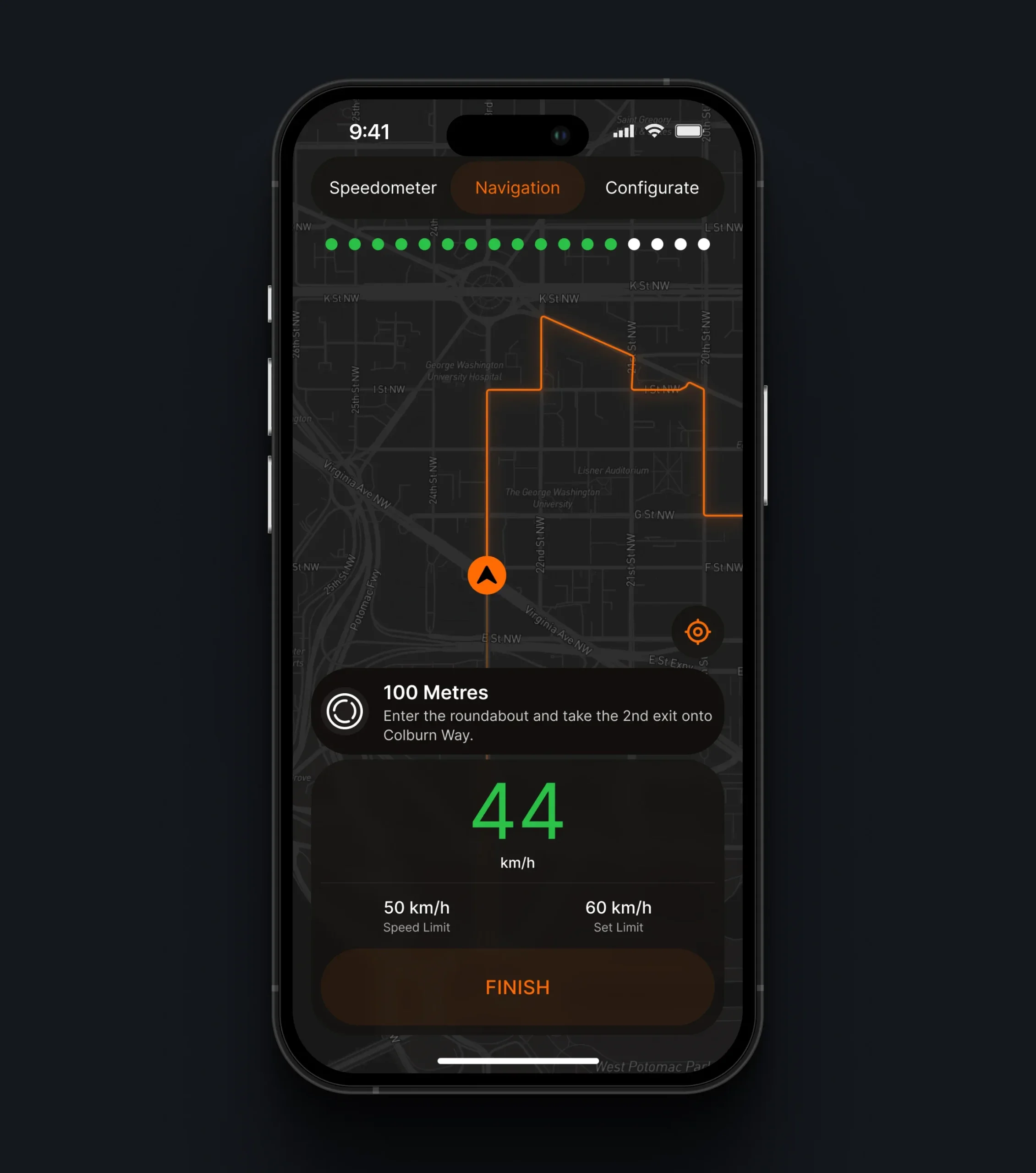 Navigation app displaying a turn instruction and current speed on a route map