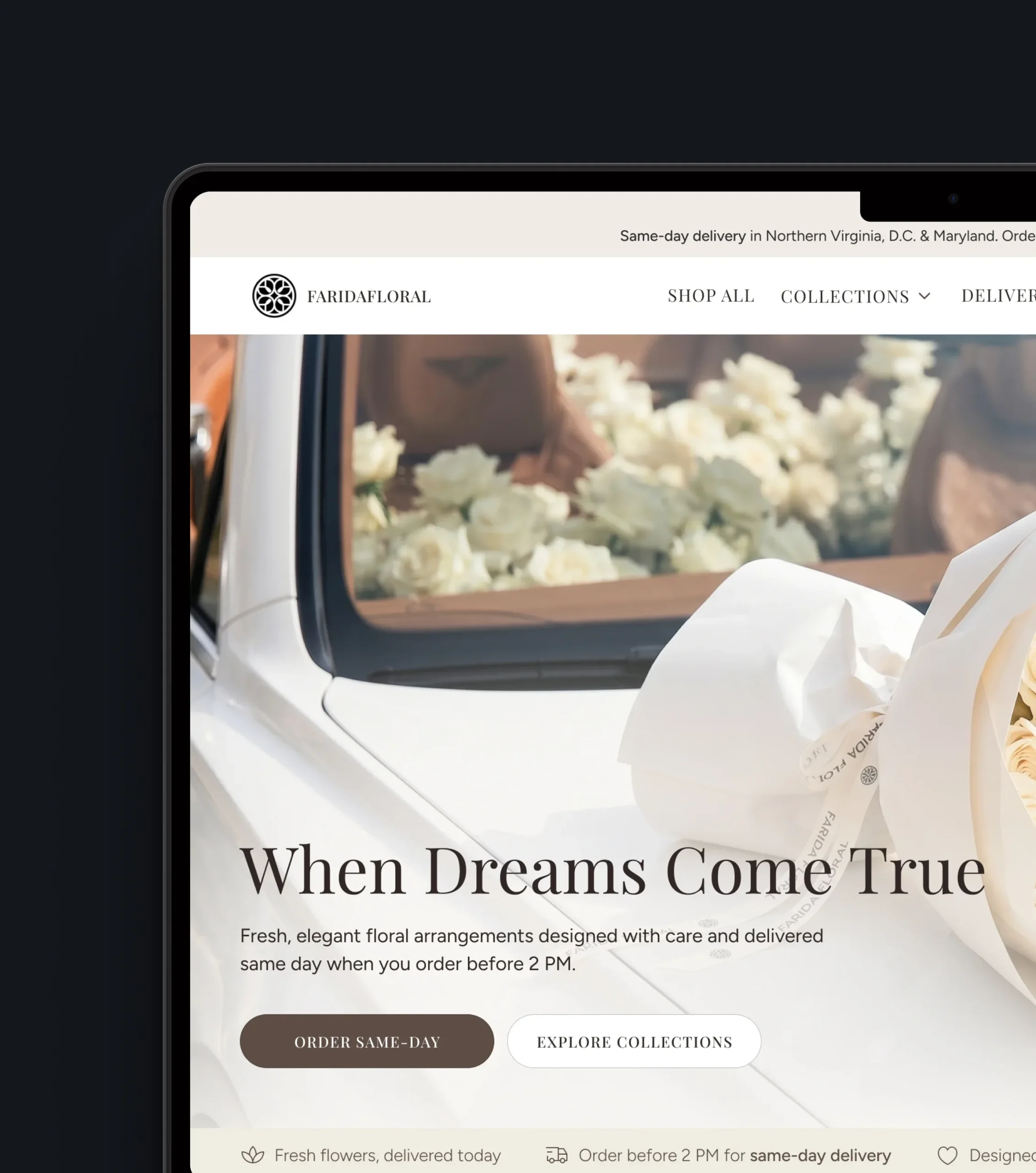 Close-up of a florist homepage hero featuring a white rose bouquet and same-day delivery details