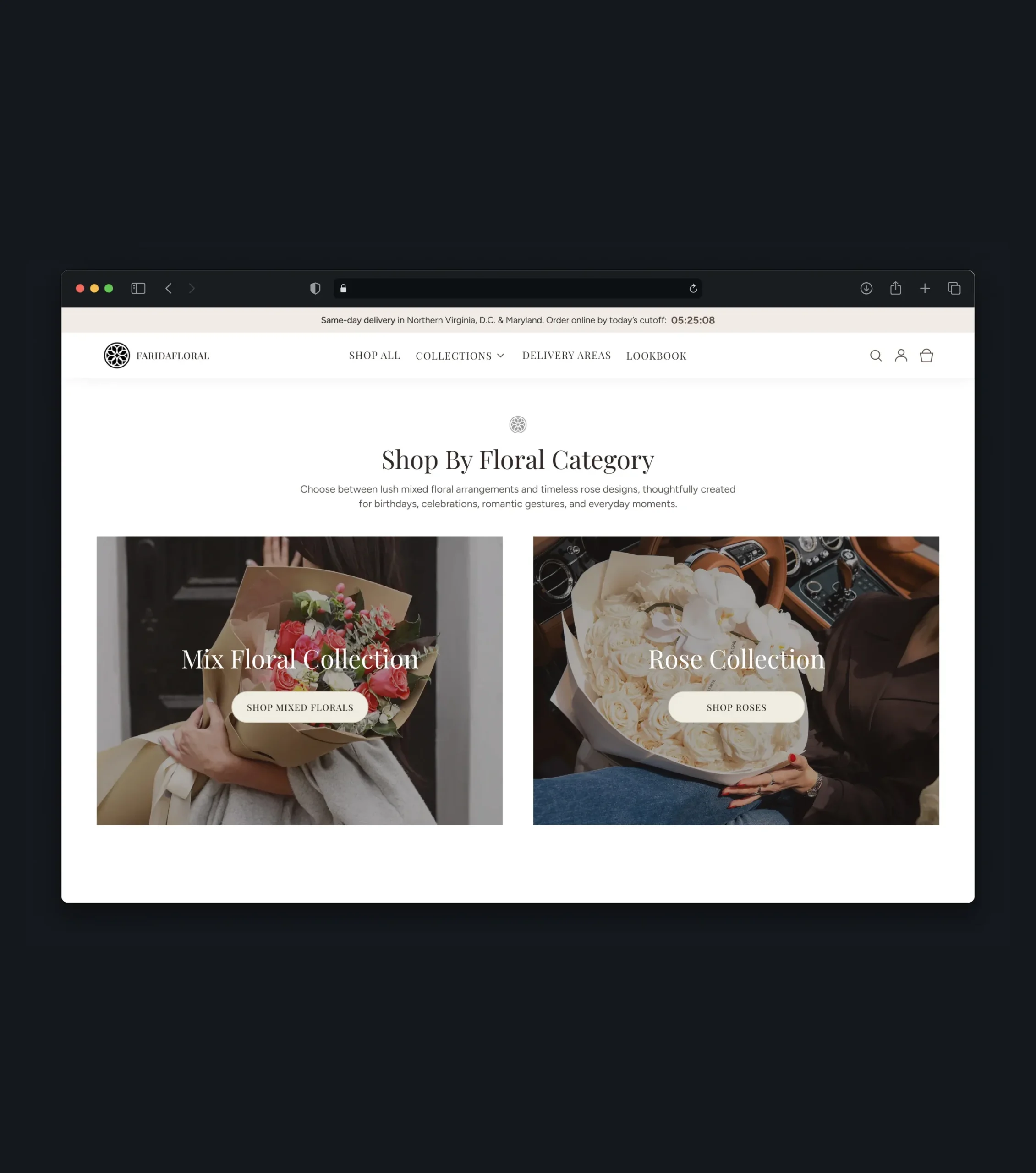 Mobile product page showing an ivory rose arrangement with size, color, and add-on options
