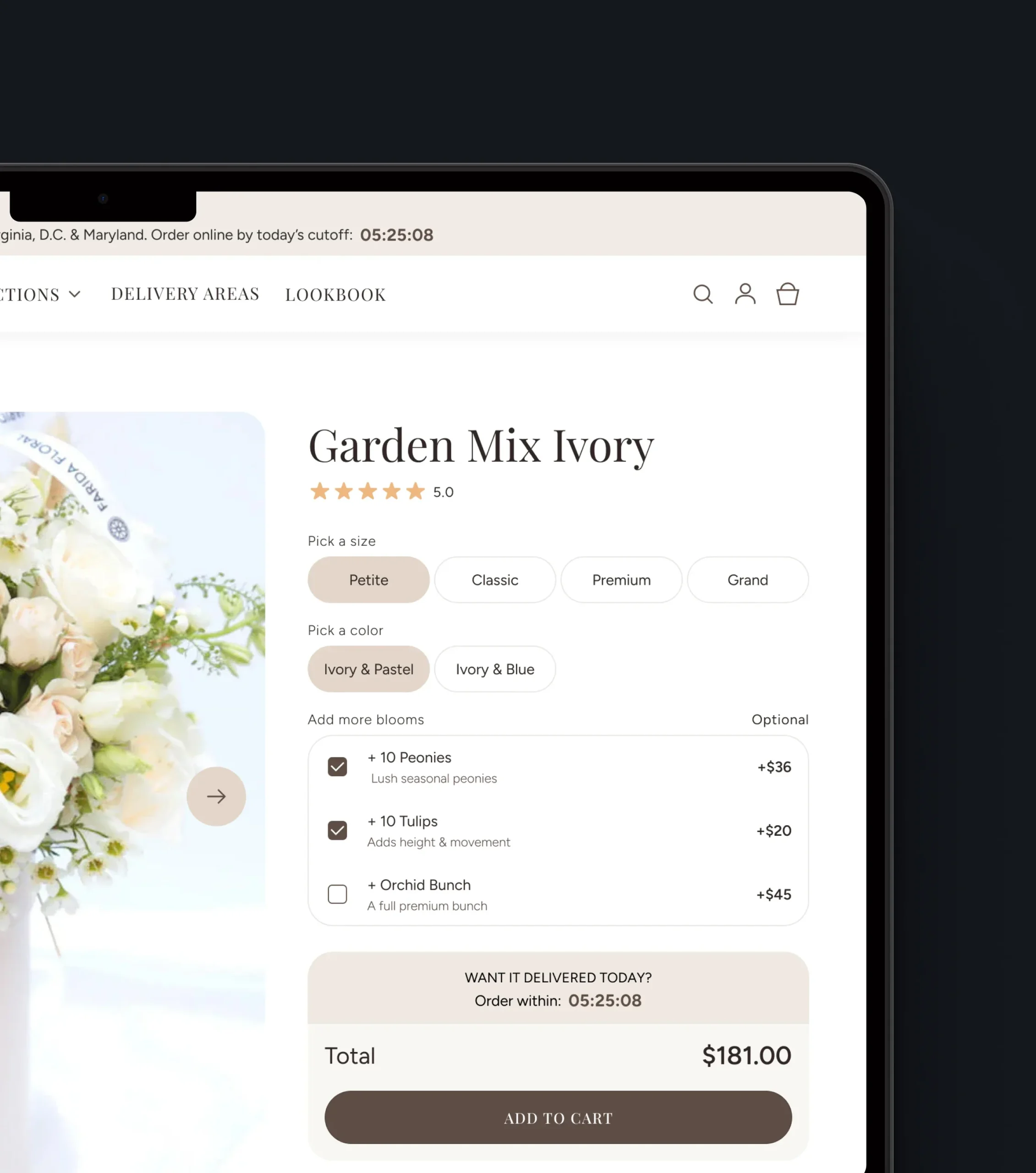 Desktop floral shop page with mixed-flower and rose collection cards