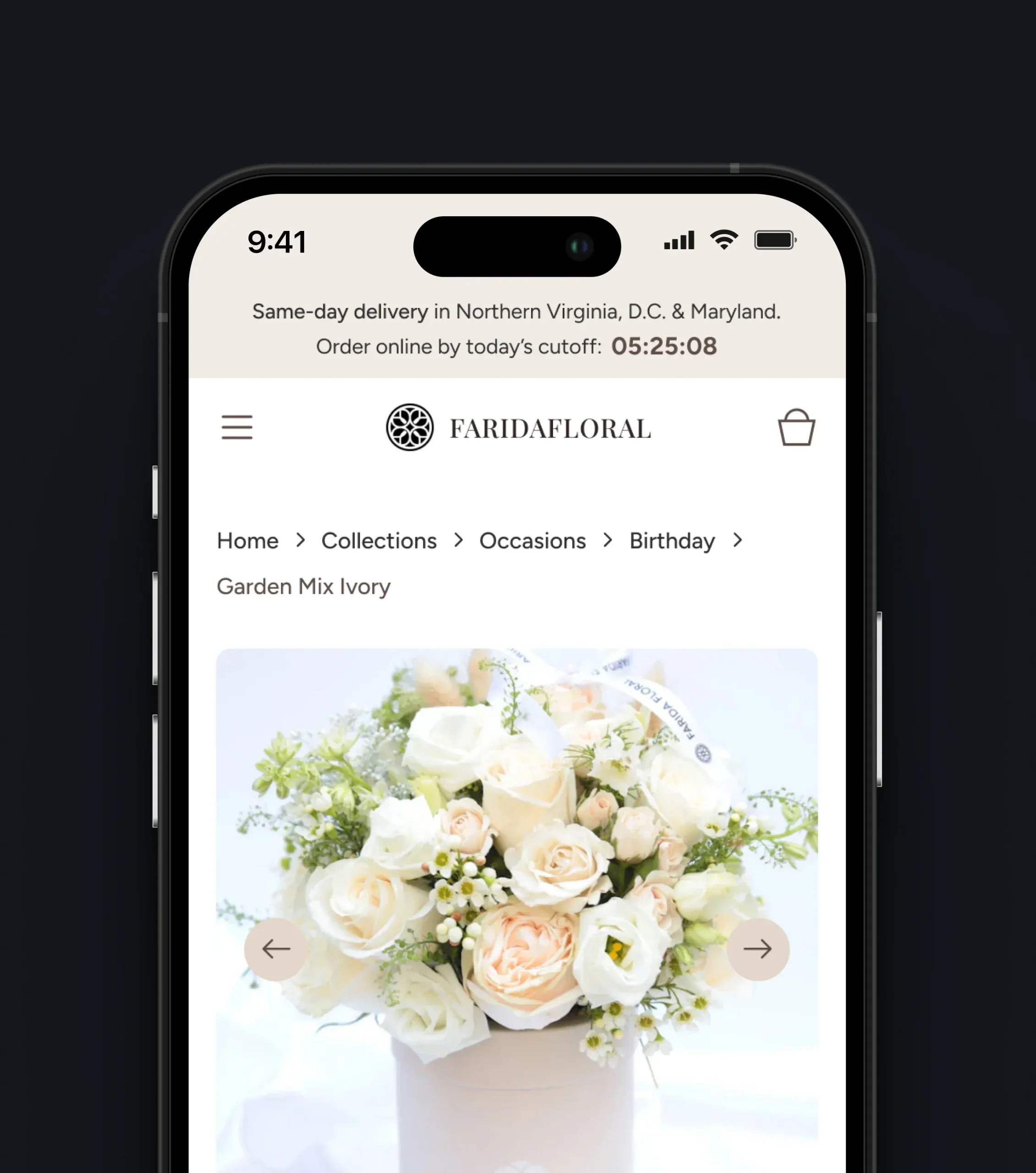 Mobile flower shop page featuring mixed bouquets and a rose collection